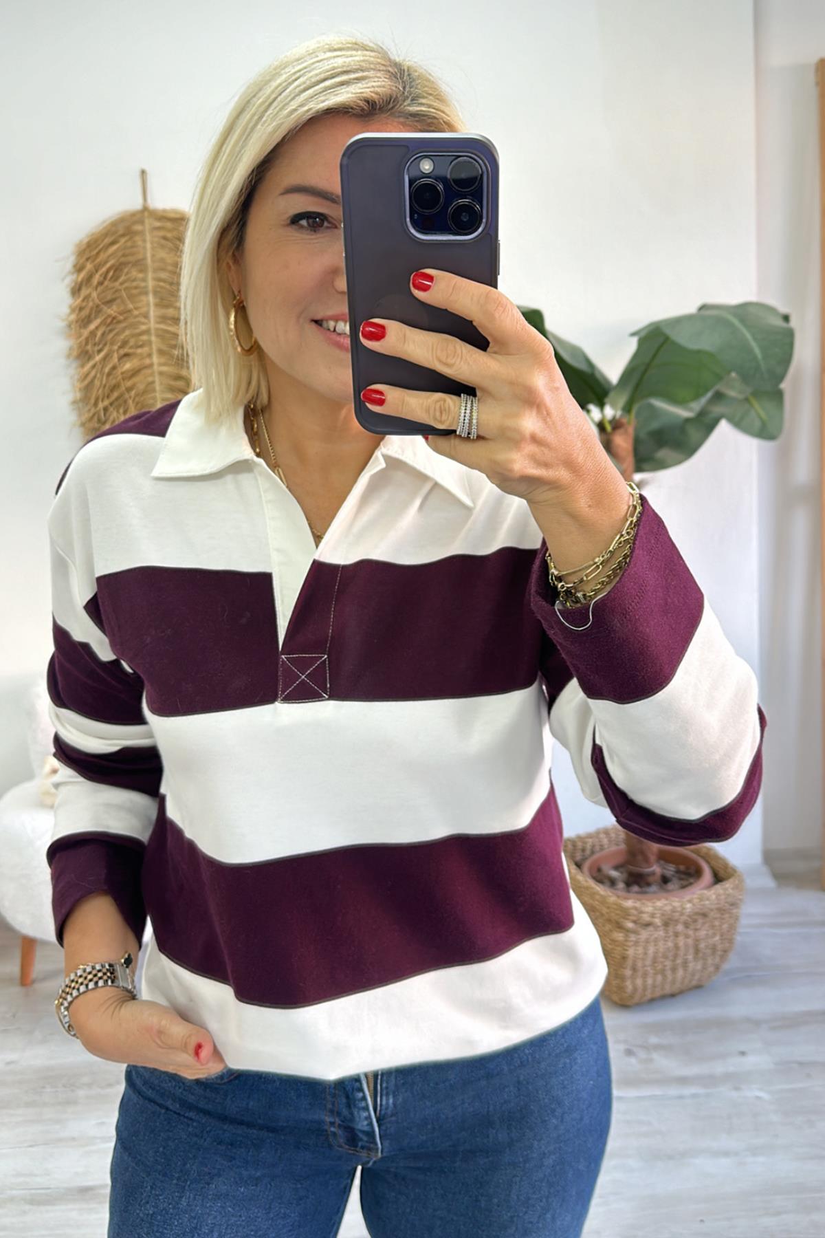 Bordo Polo Yaka Çizgili Uzun Kol TshirtUTS241130-BORDO-S