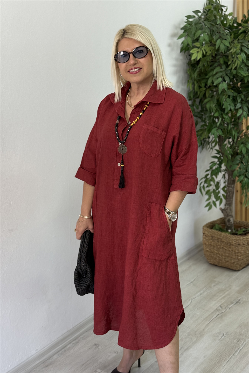 Bordo Polo Yaka Düğmeli Yandan Cepli Keten ElbiseELB26001025-BORDO-STD