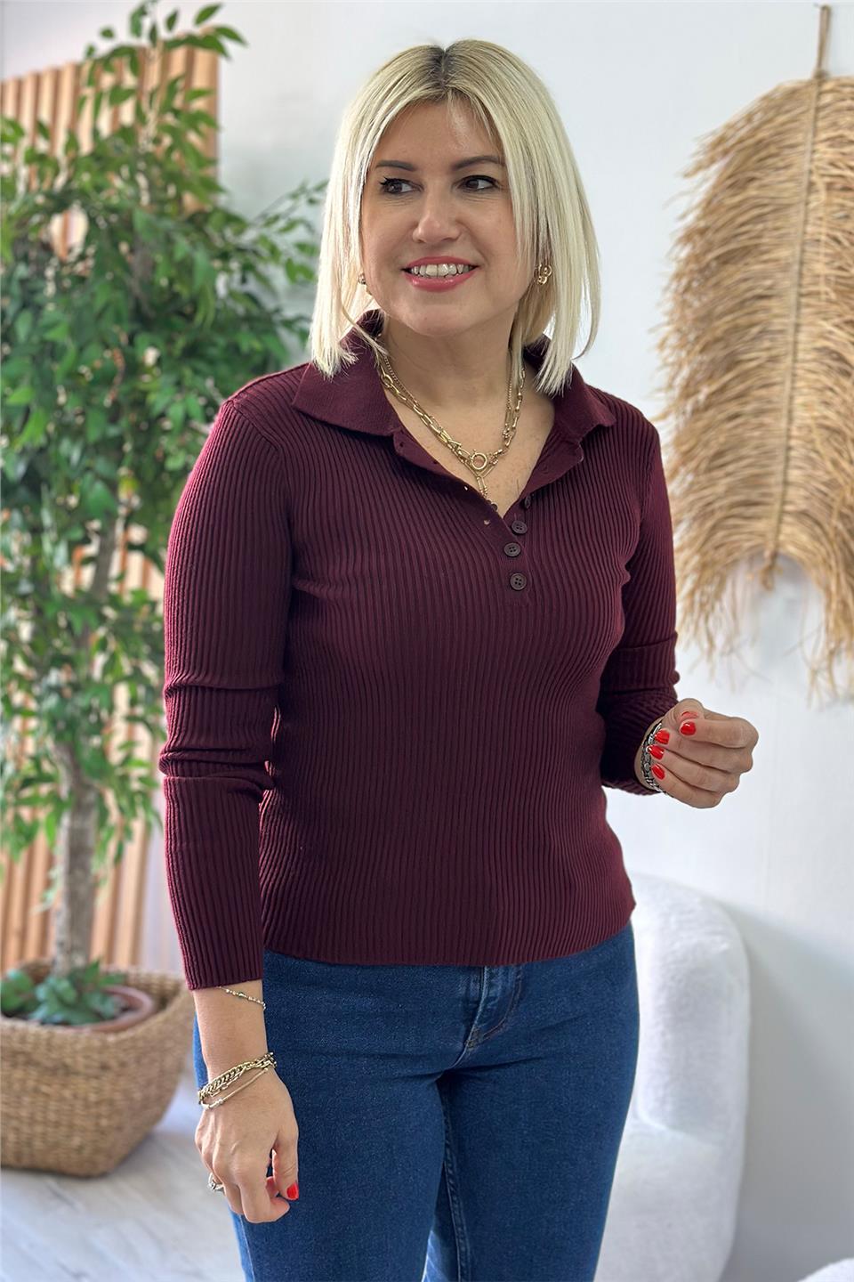 Bordo Polo Yaka Yarım Paylı Fitilli TrikoUT24110954-BORDO-STD