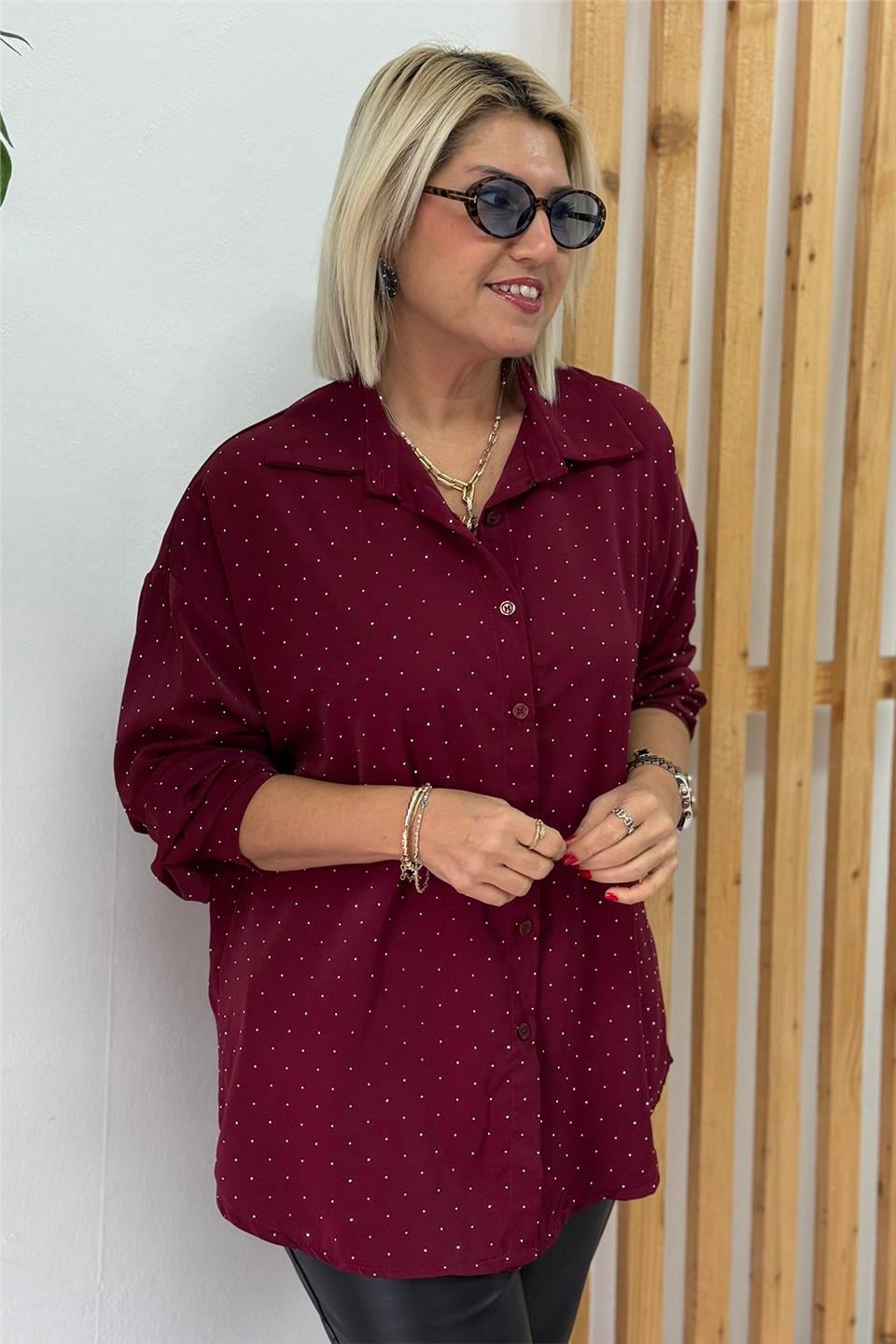 Bordo Pul Baskılı Şifon İthal GömlekUG02412144-BORDO-STD