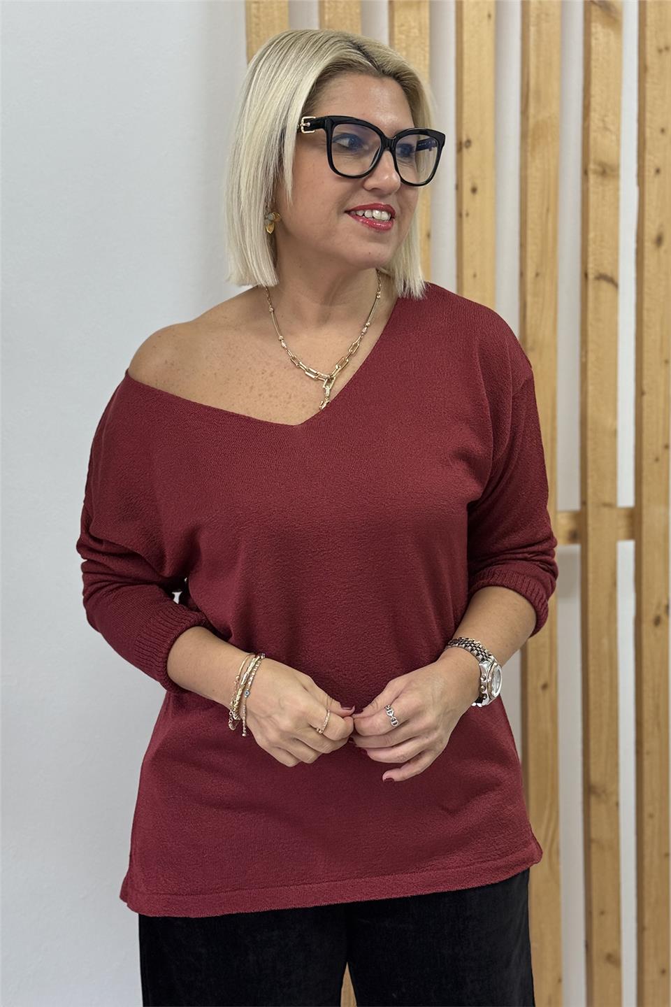 Bordo V Yaka Mevsimlik Düz TrikoUT24111014-BORDO-STD