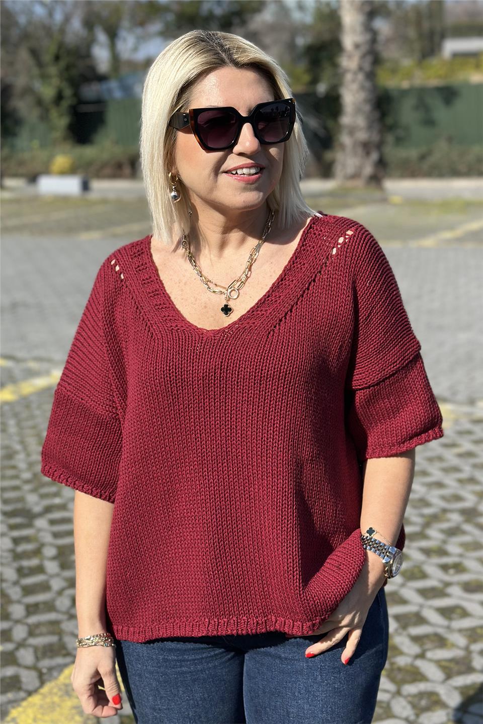 Bordo V Yaka Salaş Örme TrikoUT24110976-BORDO-STD