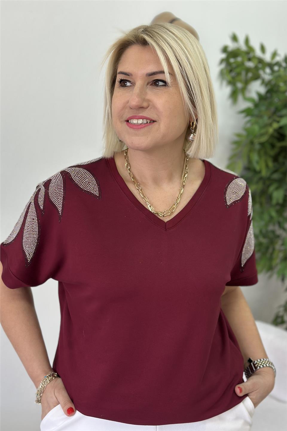 Bordo V Yaka Yaprak Desen Taş Baskılı Penye TShirtUTS25002064-BORDO-M/L