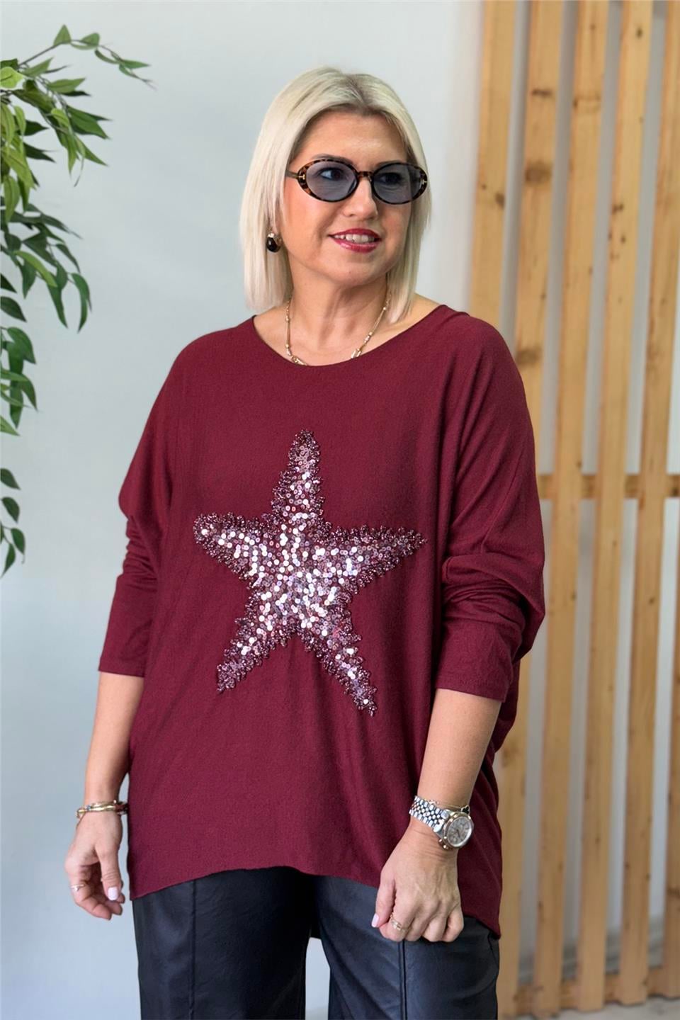 Bordo Yıldız İşlemeli Verev Kesim Tunik BluzUBL2412260-BORDO-STD