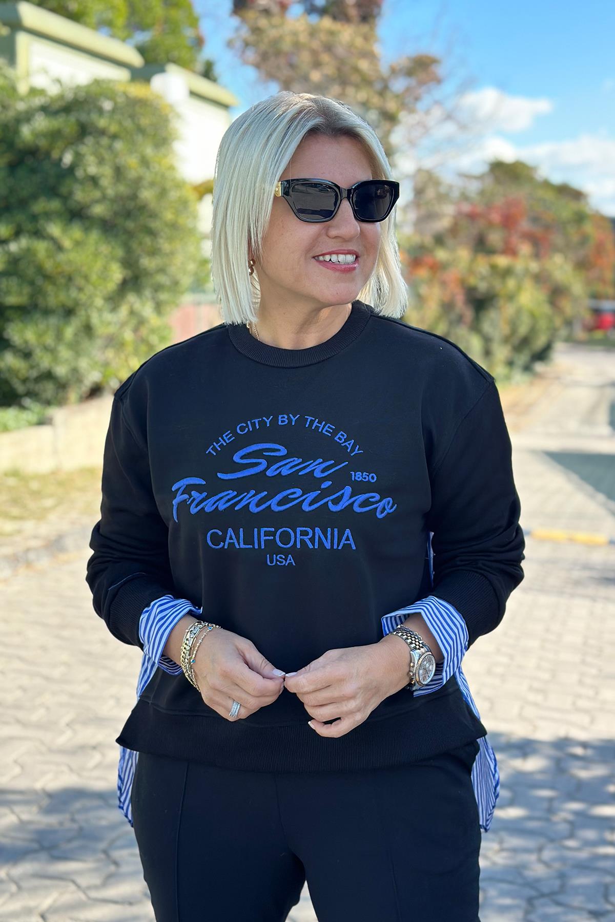 California Nakışlı Gömlek Garnili SweatUK2250144-SIYAH-S