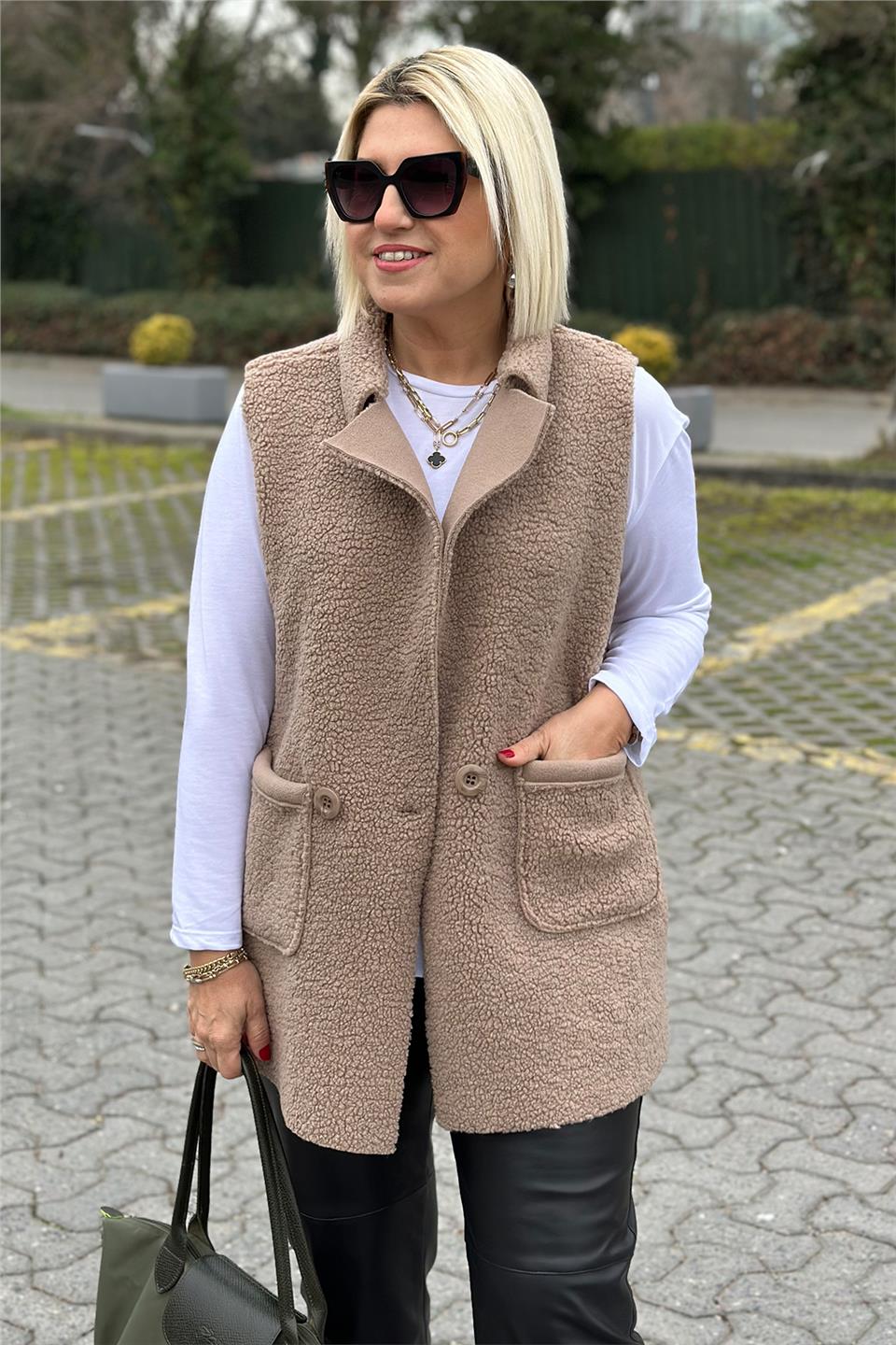 Camel Cepli Tek Düğmeli Buklet YelekDYL25000121-CAMEL-STD