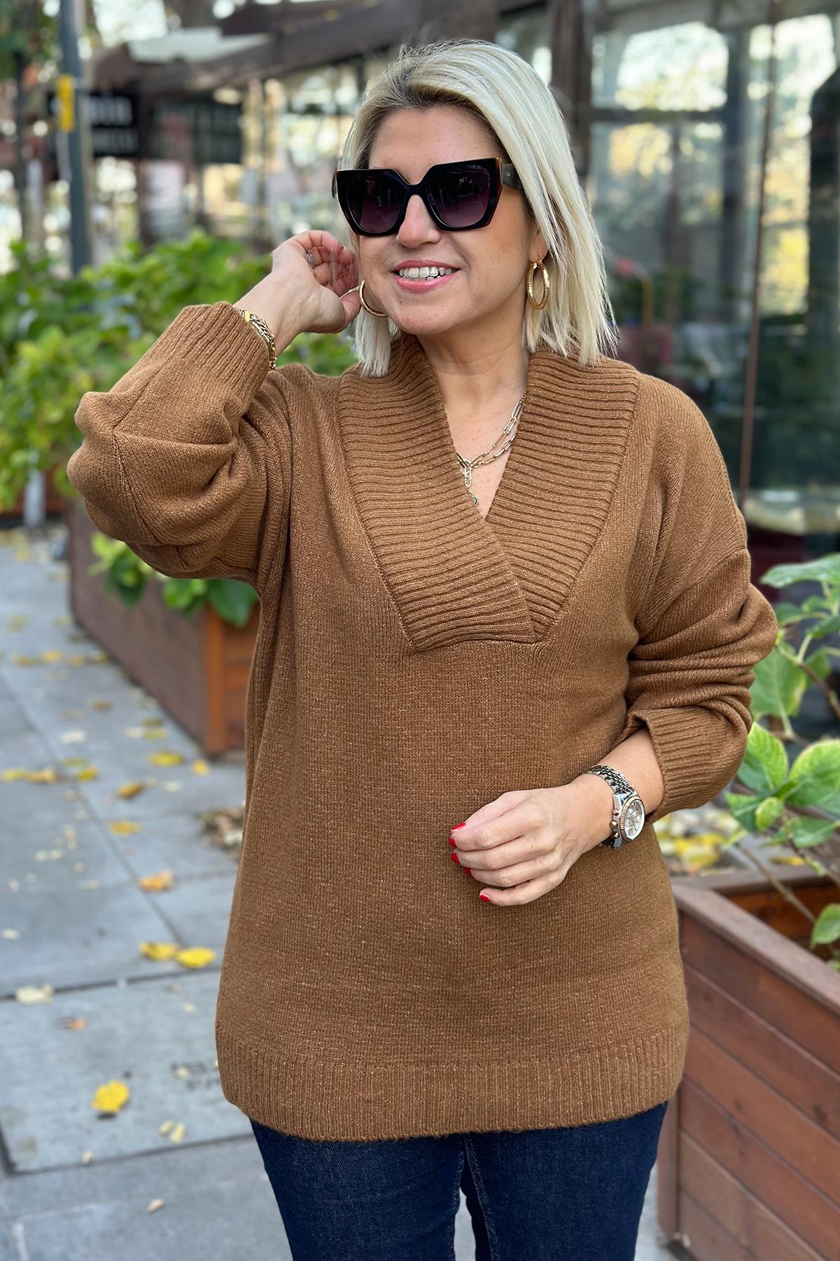 Camel V Yaka Yumoş Tunik TrikoUT24110924-CAMEL-STD