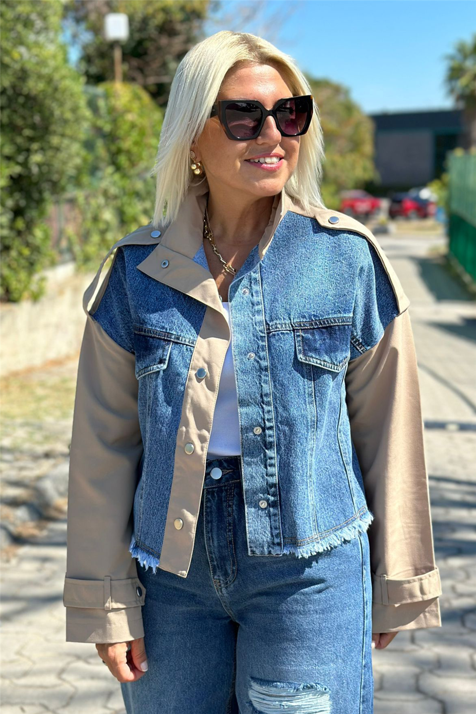 Denim Garnili Çift Cep Kısa TrençkotDK2230125-BEJ-S