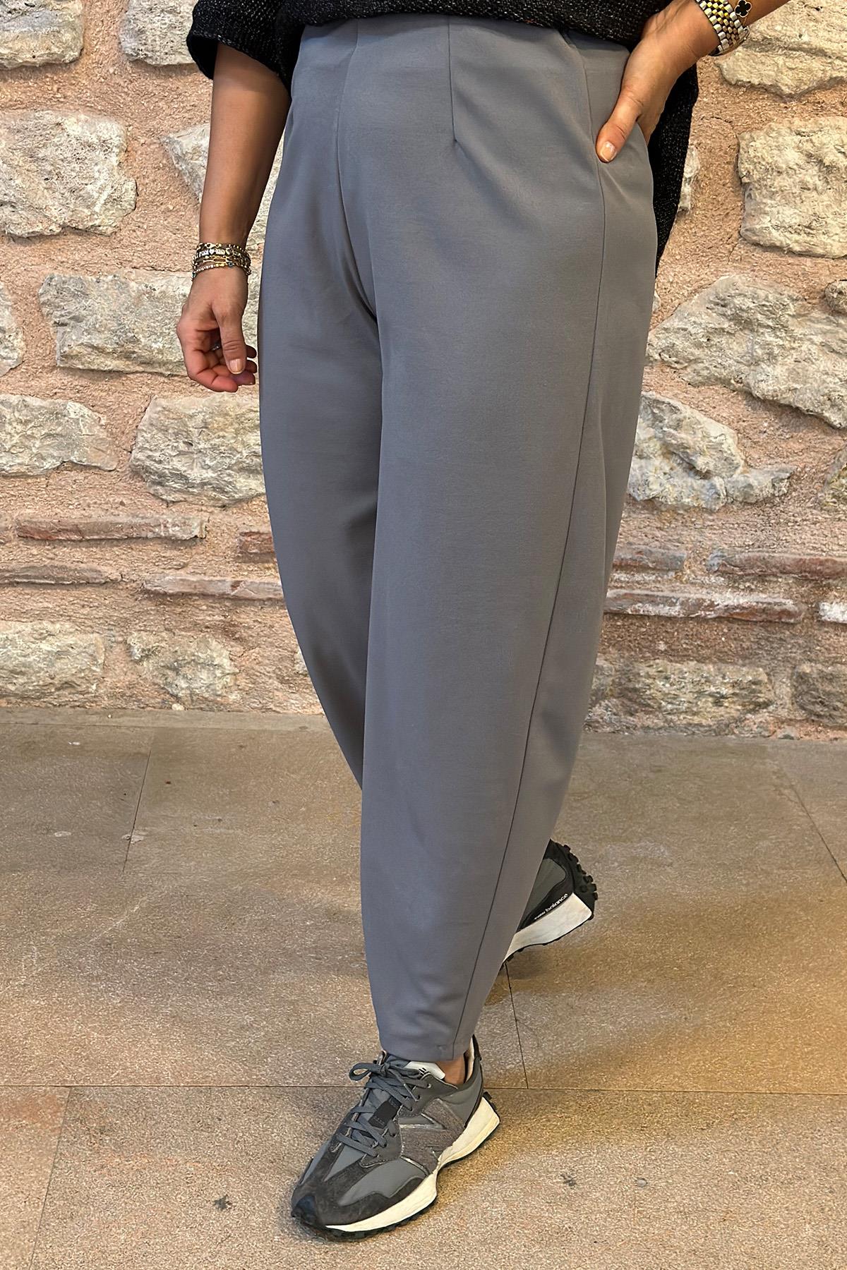 Gri Beli Lastikli Şalvar Model Crep PantolonUK224048105-GRI-S