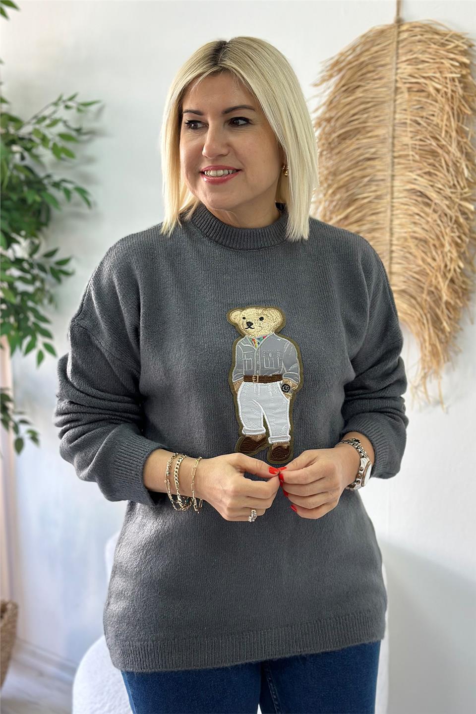Gri Teddy Nakışlı KazakUT24110954-GRI-STD