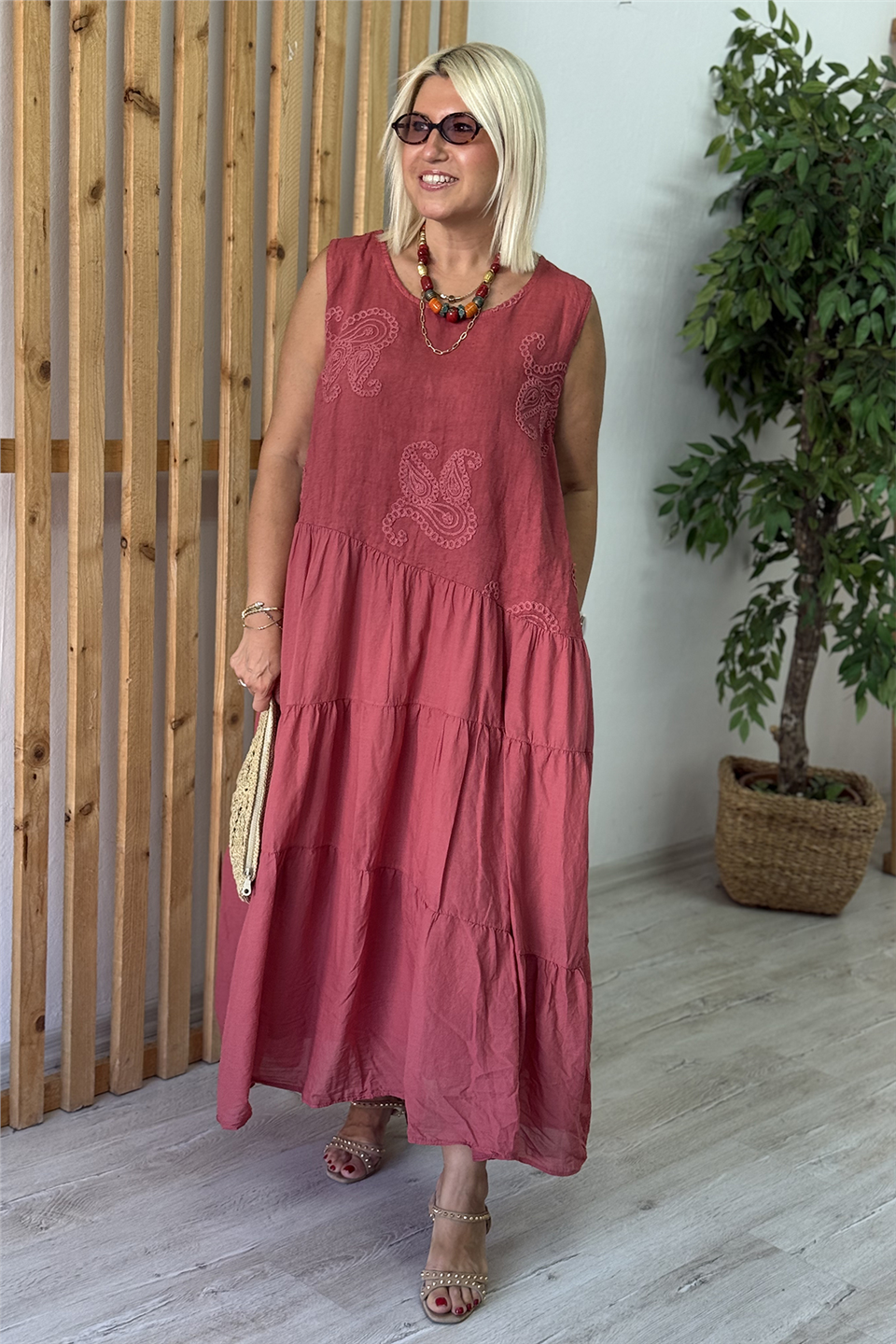 Gül Kurusu Sıfır Kol Şal Desen Kabartmalı Pamuk ElbiseELB26001087-GULKURUSU-STD