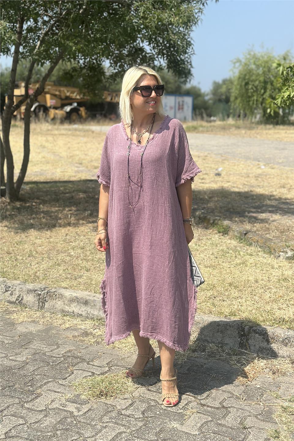Gül Kurusu V Yaka Pis Dikiş Salaş Keten ElbiseELB2401294-GULKURUSU-STD