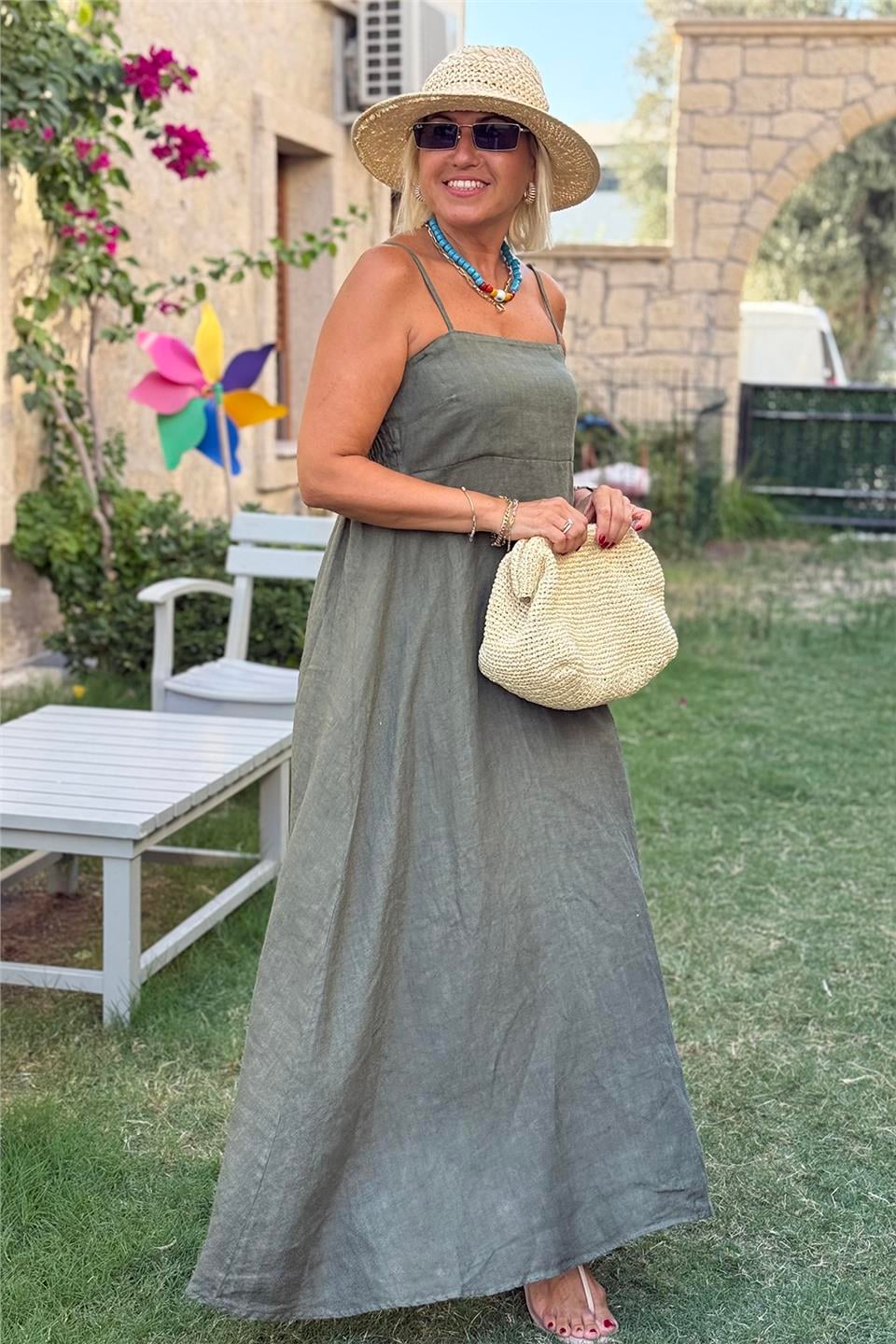 Haki Askılı Sırt Lastikli Uzun Keten ElbiseELB2401339-HAKI-STD