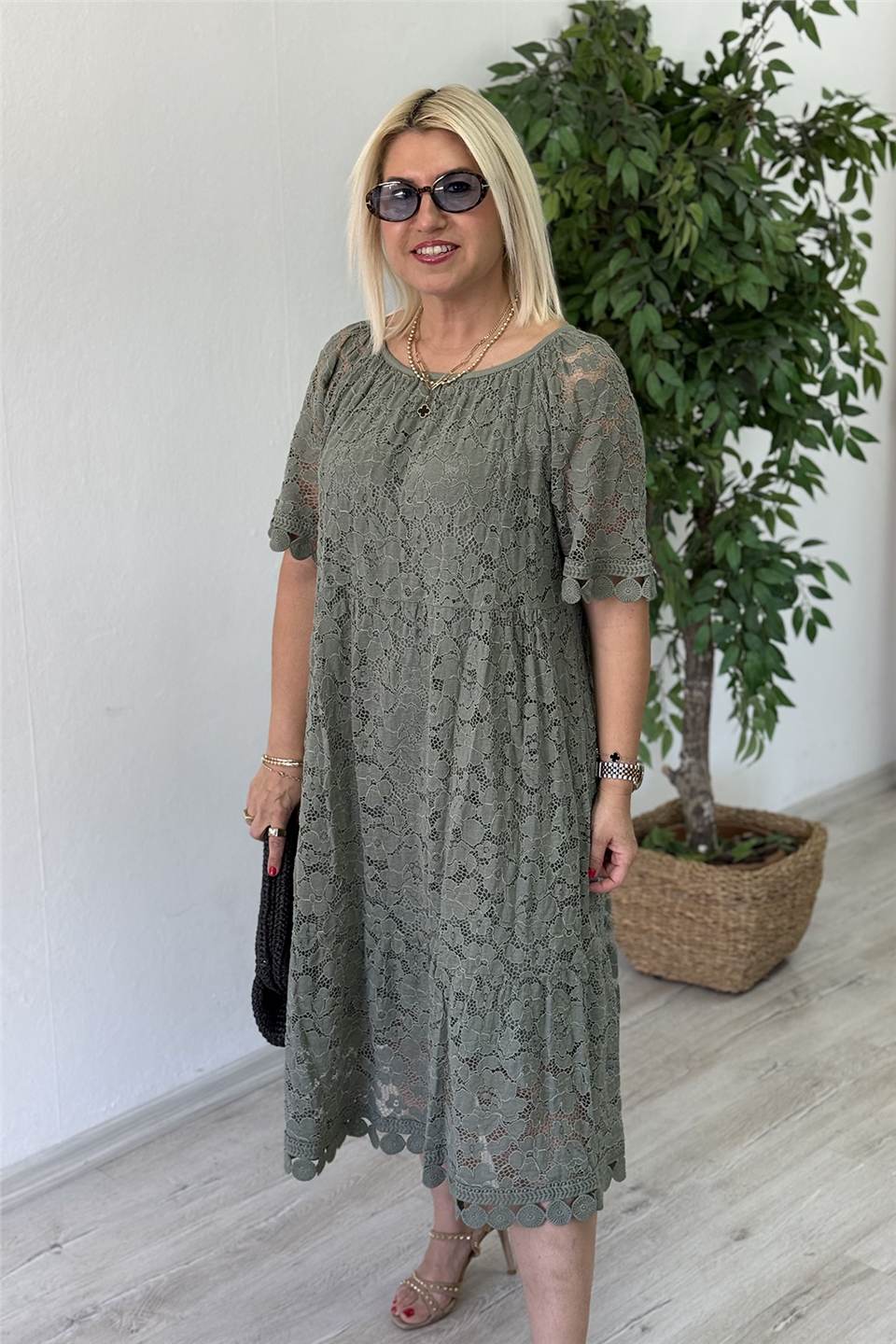 Haki dantel pamuklu içi astarlı elbiseELB26001030-HAKI-STD