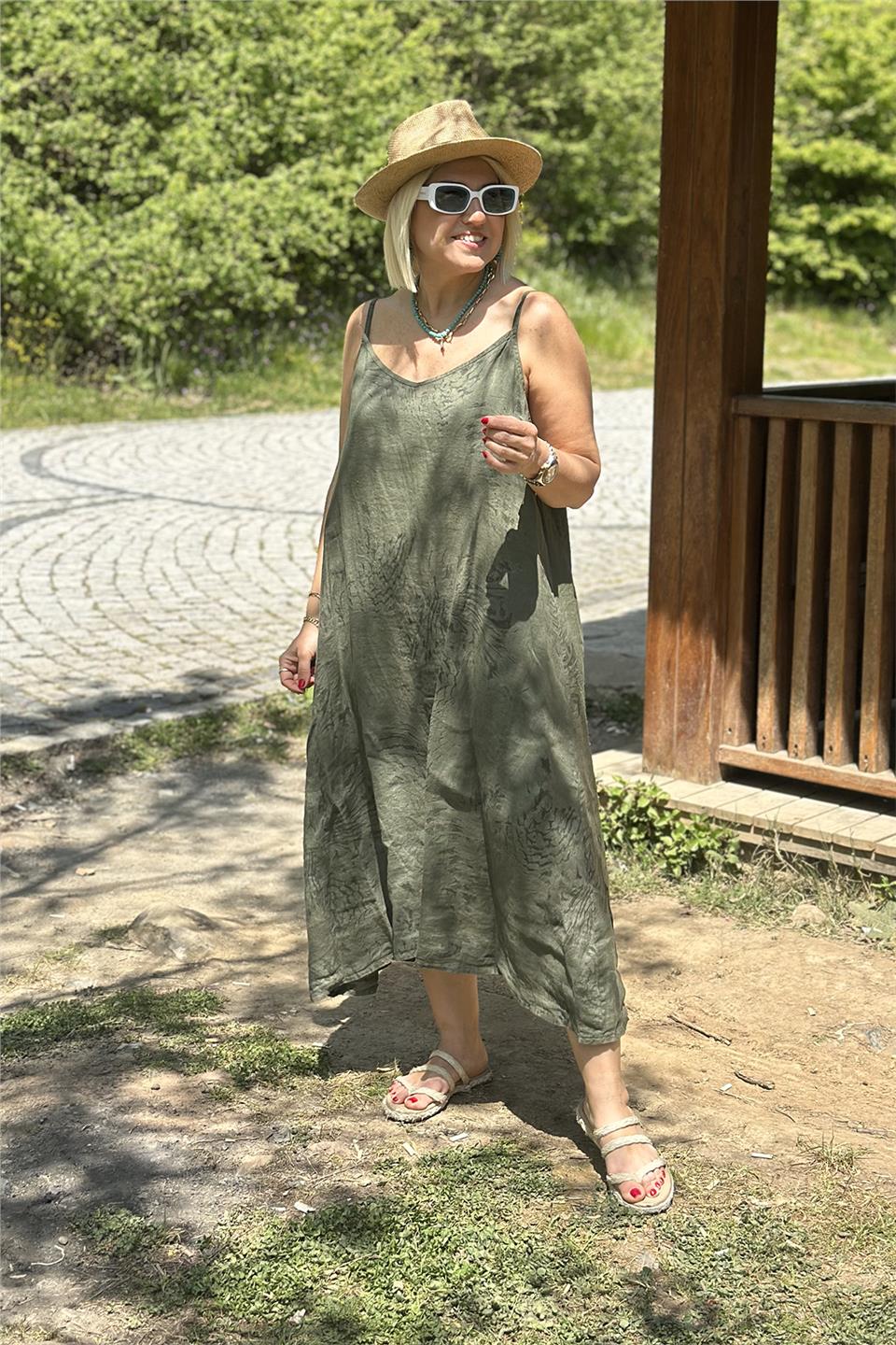 Haki Desenli Ayarlanabilir Askı Pamuk Keten ElbiseELB2401246-HAKI-STD