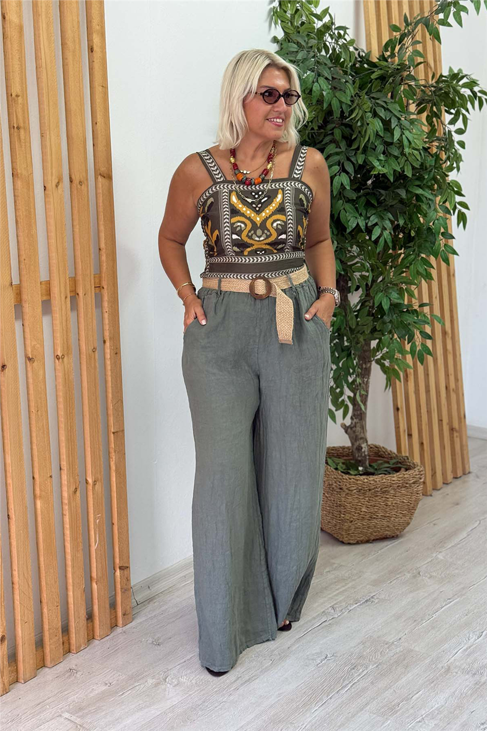 Haki Hasır Kemerli Bol Paça Keten PantolonAPNT20250987-HAKI-STD
