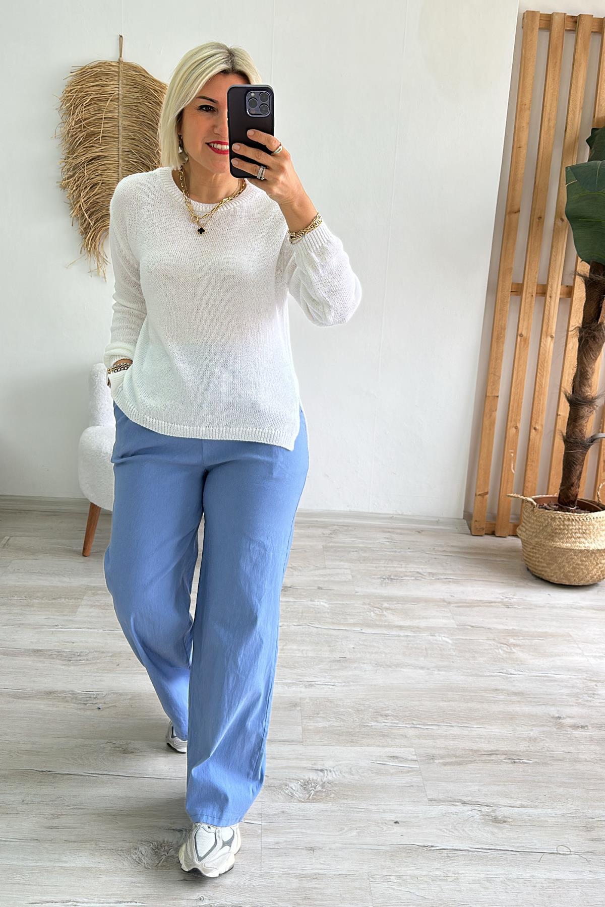 İndigo Beli Lastikli Bol Paça Full Lycralı PantolonUK224048114-INDIGO-STD