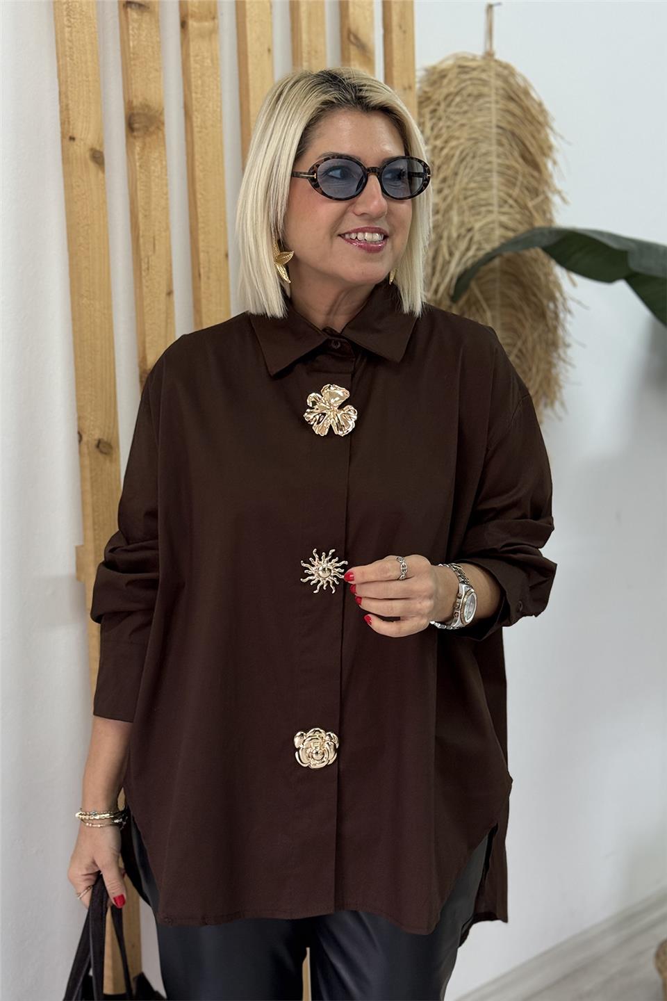 Kahve Aksesuar İğneli Salaş Cotton GömlekUG02412143-KAHVE-STD