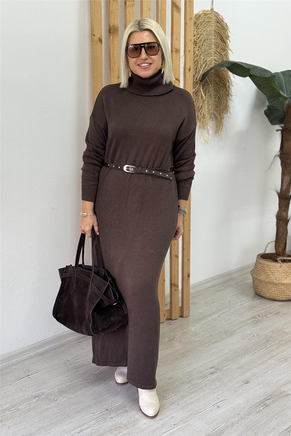 Kahve Balıkçı Yaka Kemerli Lycralı Triko ElbiseELB25013130-KAHVE-STD