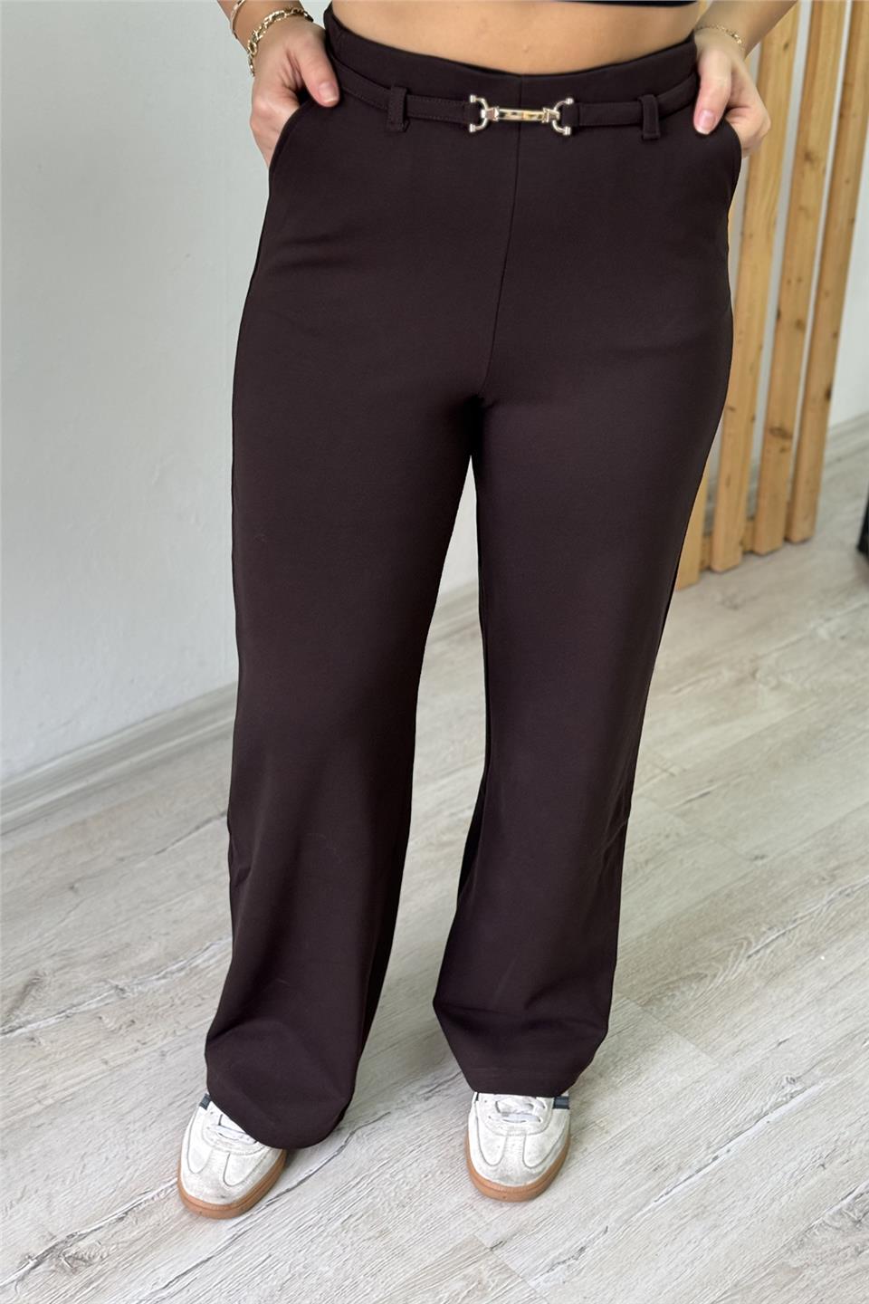 Kahve Beli Aksesuarlı Bol Paça PantolonAPNT20250913-KAHVE-36