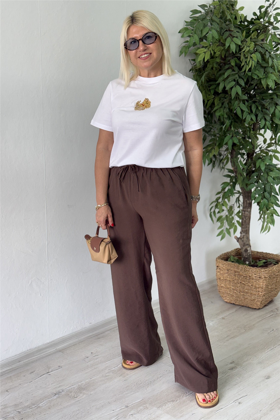 Kahve Beli Lastikli Bol Paça Tansel PantolonAPNT20250970-KAHVE-S