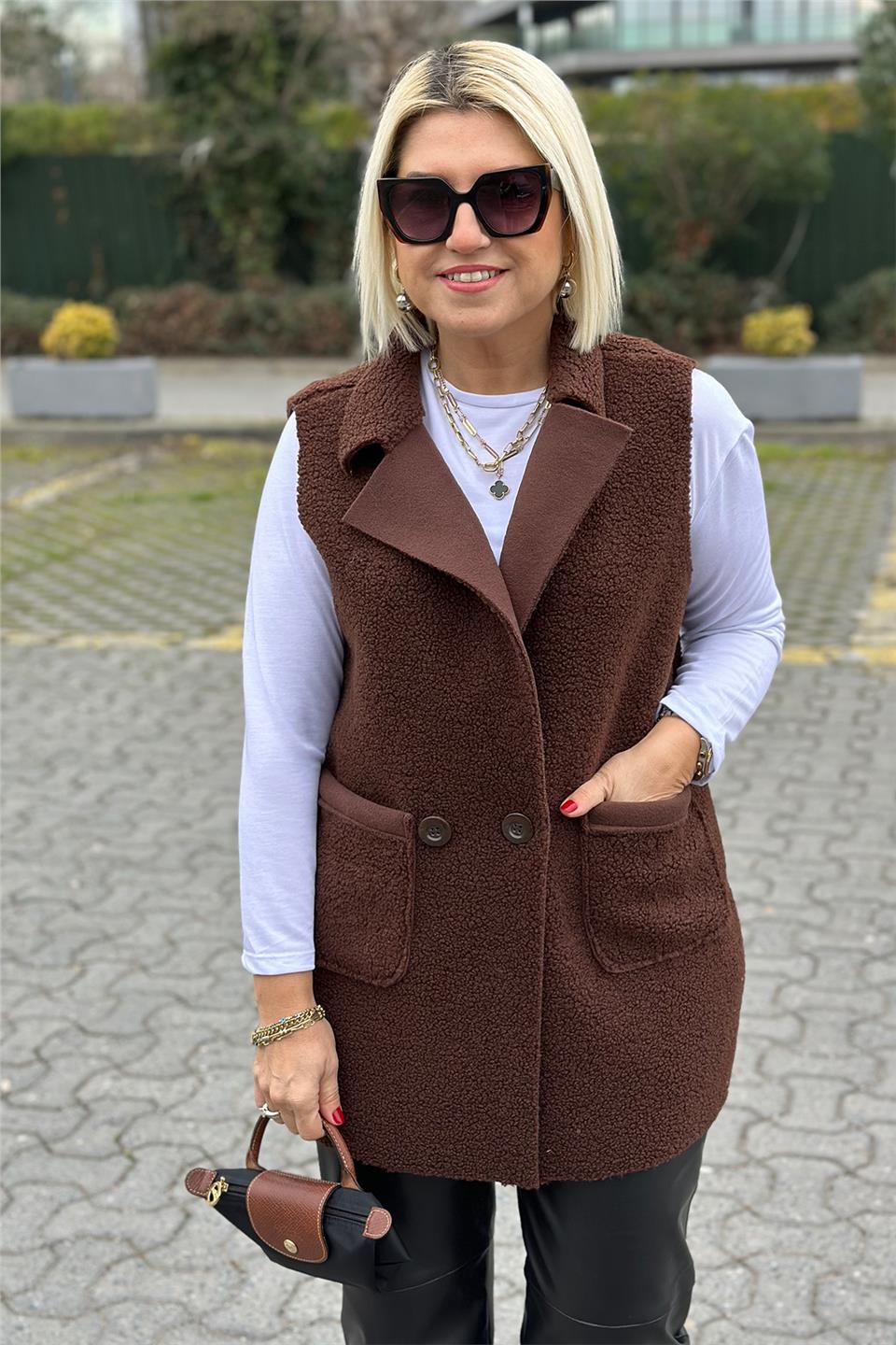 Kahve Cepli Tek Düğmeli Buklet YelekDYL25000121-KAHVERENGI-STD