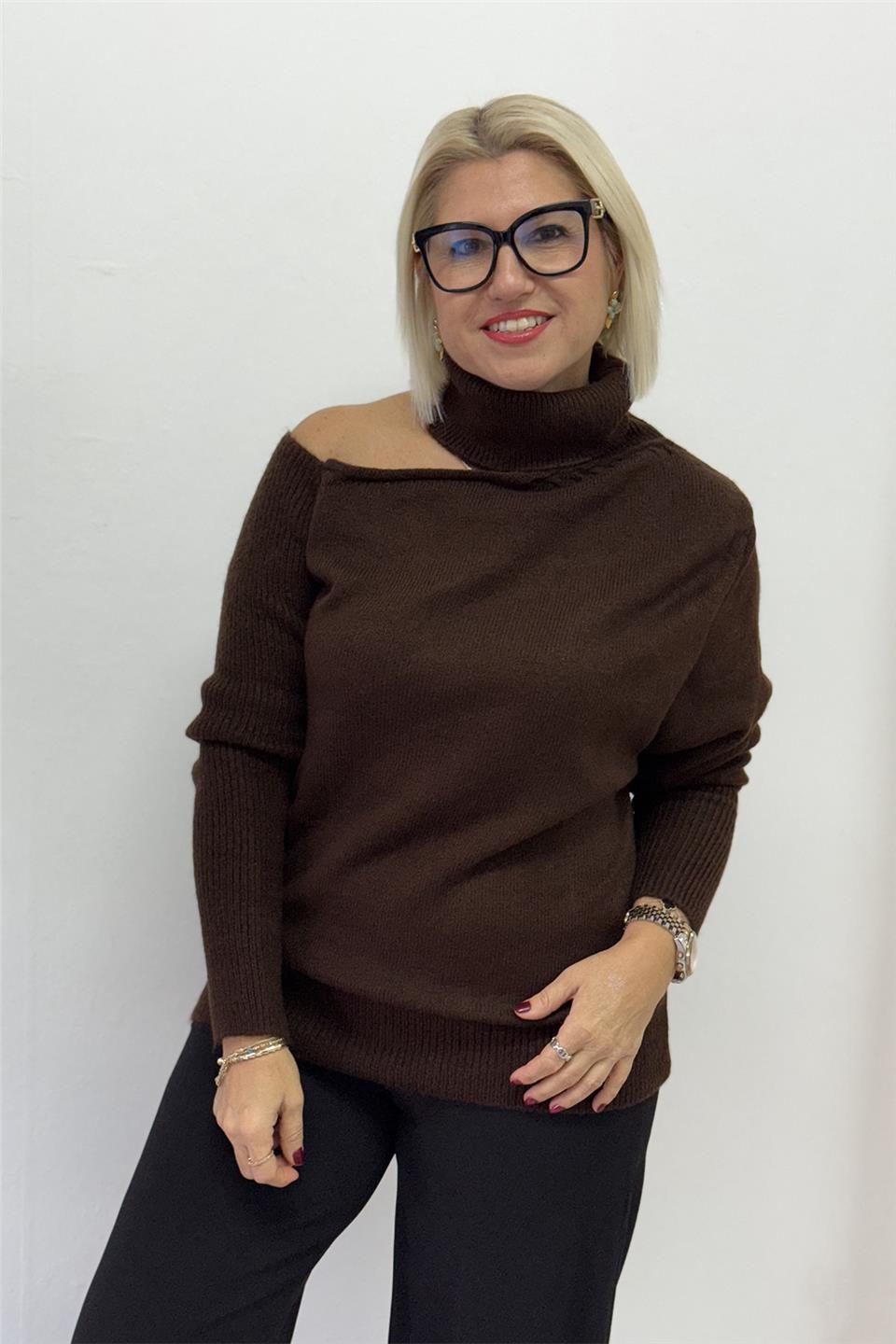 Kahve Düşük Omuzlu Balıkçı Yumoş TrikoUT24111015-KAHVE-STD