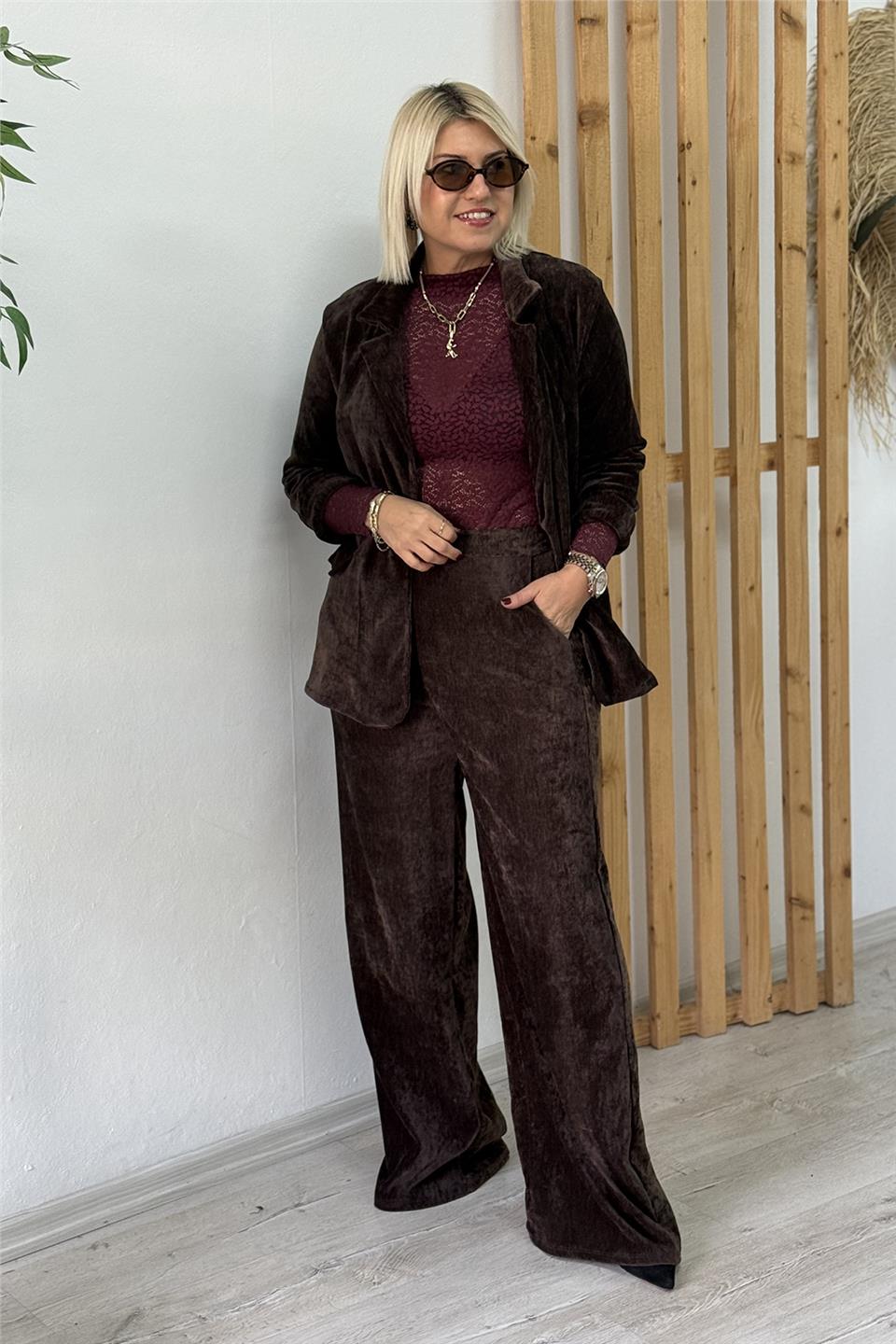 Kahve Kadife Tek Düğmeli Ceket Pantolon İkili TakımUTK2501189-KAHVE-STD