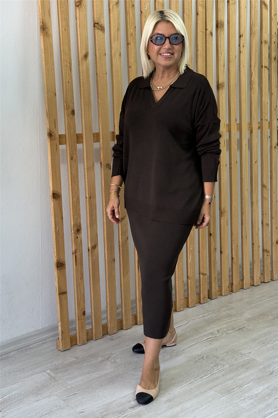 Kahve Polo Yaka Kalem Etekli Triko İkili TakımUTK25012026-KAHVE-STD