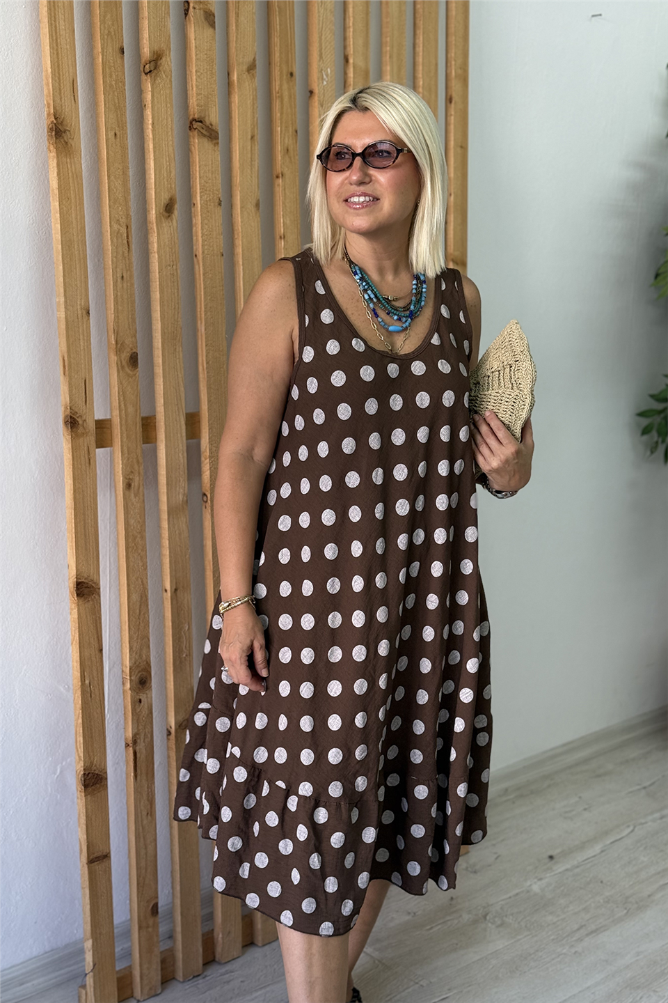 Kahve Puantiyeli Sıfır Kol Pamuk ElbiseELB26001085-KAHVE-STD