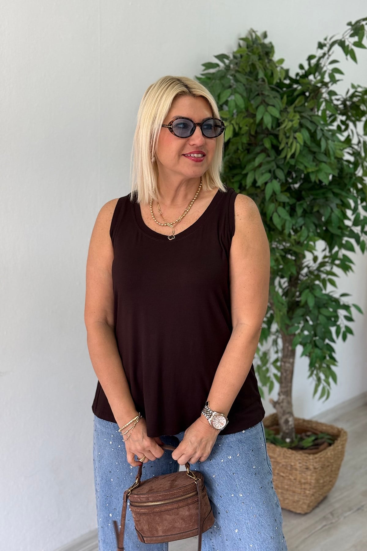 Kahve Yuvarlak Yaka Kolsuz Penye Lycralı AtletUATL25020520-KAHVE-L