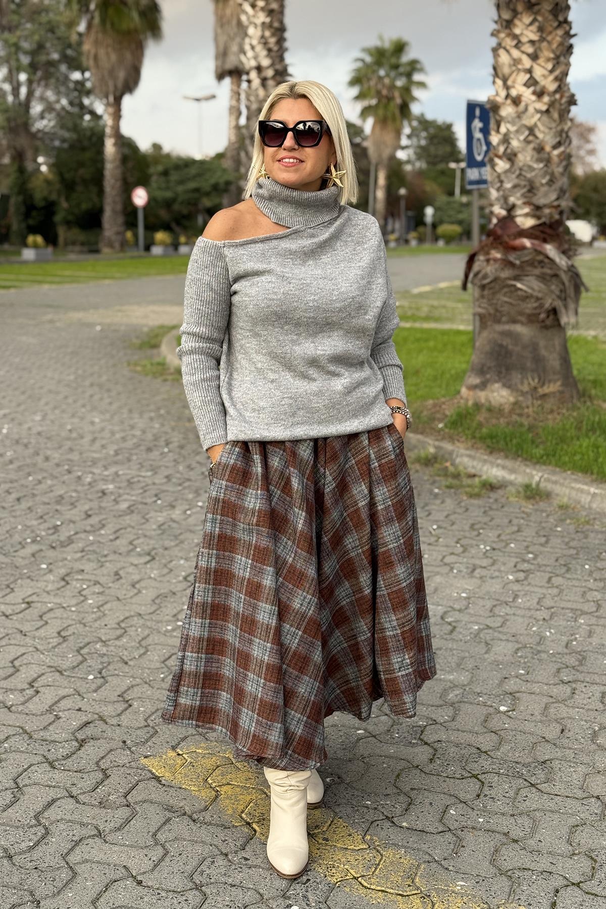 Kiremit Beli Lastikli Ekose Desen Cepli Kloş EtekAETK2500130-KIREMIT-S