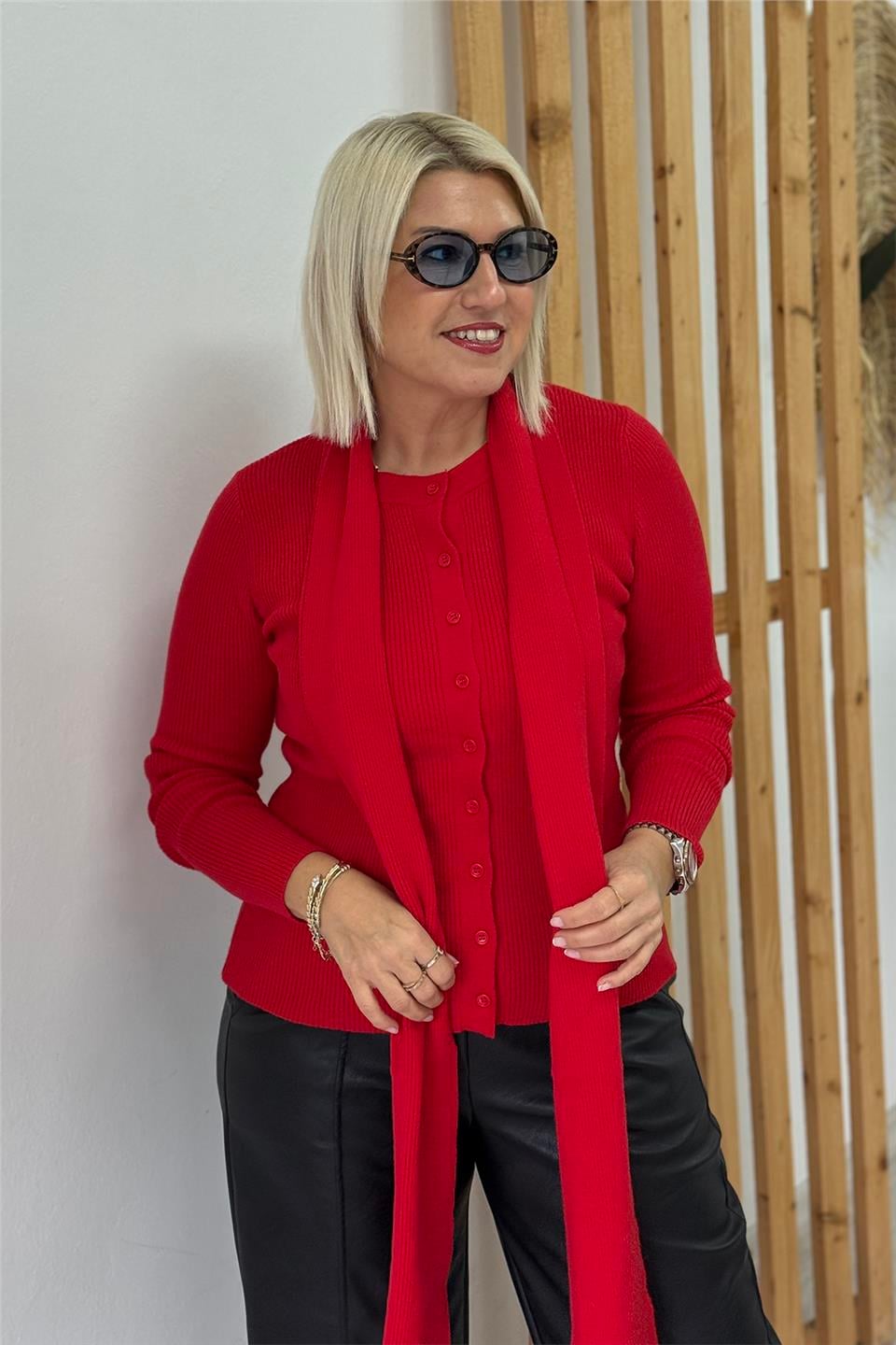 Kırmızı Şal Yakalı Fitilli Düğmeli TrikoUT24111048-KIRMIZI-STD