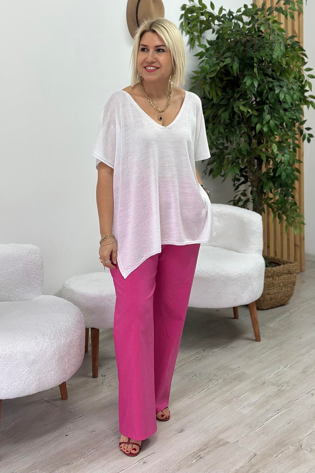 Koyu Pembe Beli Lastikli Bol Paça Full Lycralı PantolonUK224048114-KOYUPEMBE-STD