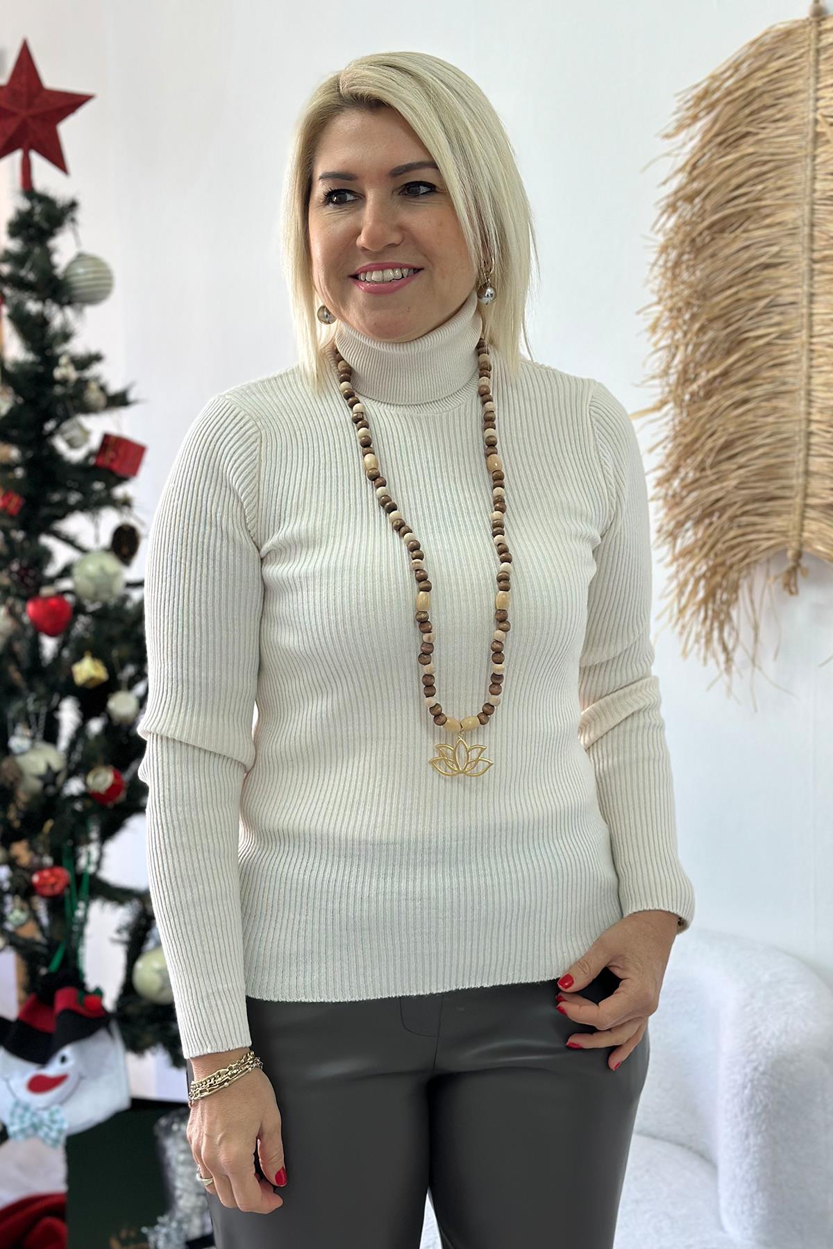 Krem Fitilli Balıkçı Lycralı Bady Triko UT24110939-KREM-STD