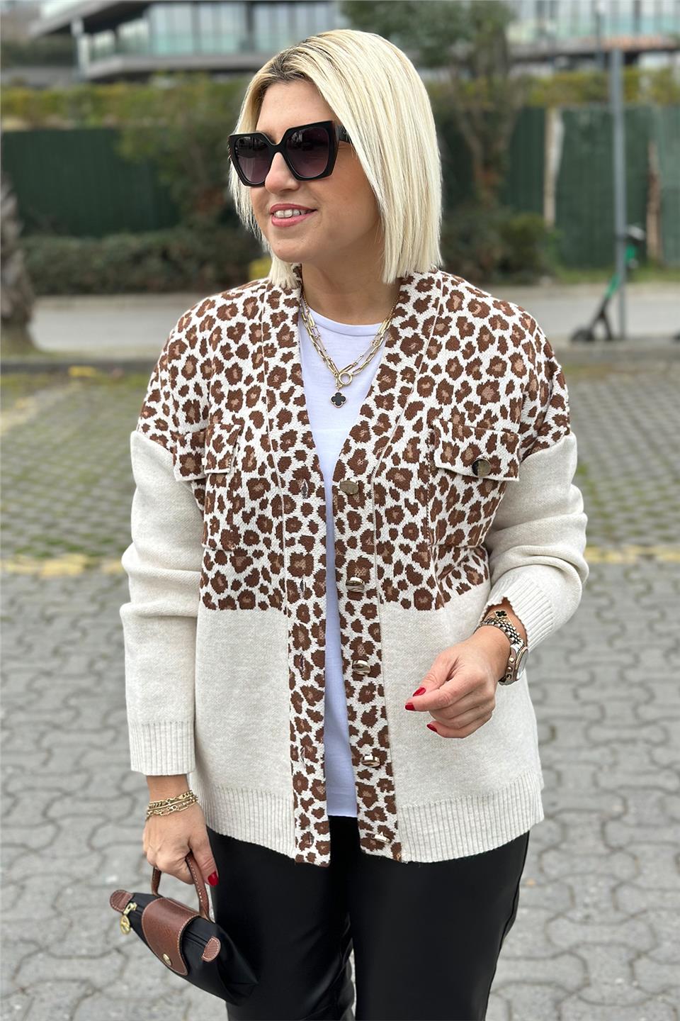 Krem Leopar Gold Desen HırkaUH24110920-BEJ-STD