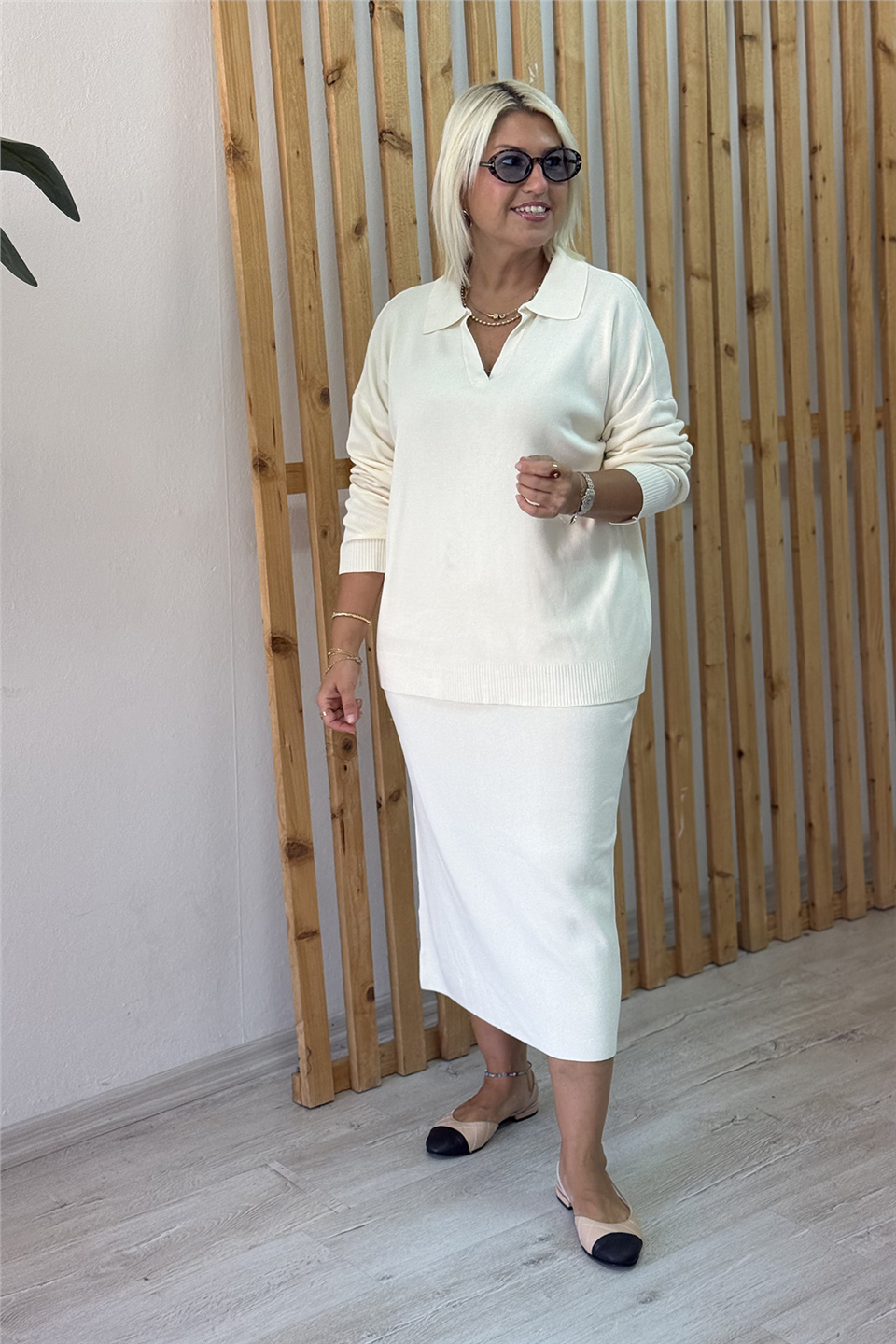 Krem Polo Yaka Kalem Etekli Triko İkili TakımUTK25012026-KREM-STD