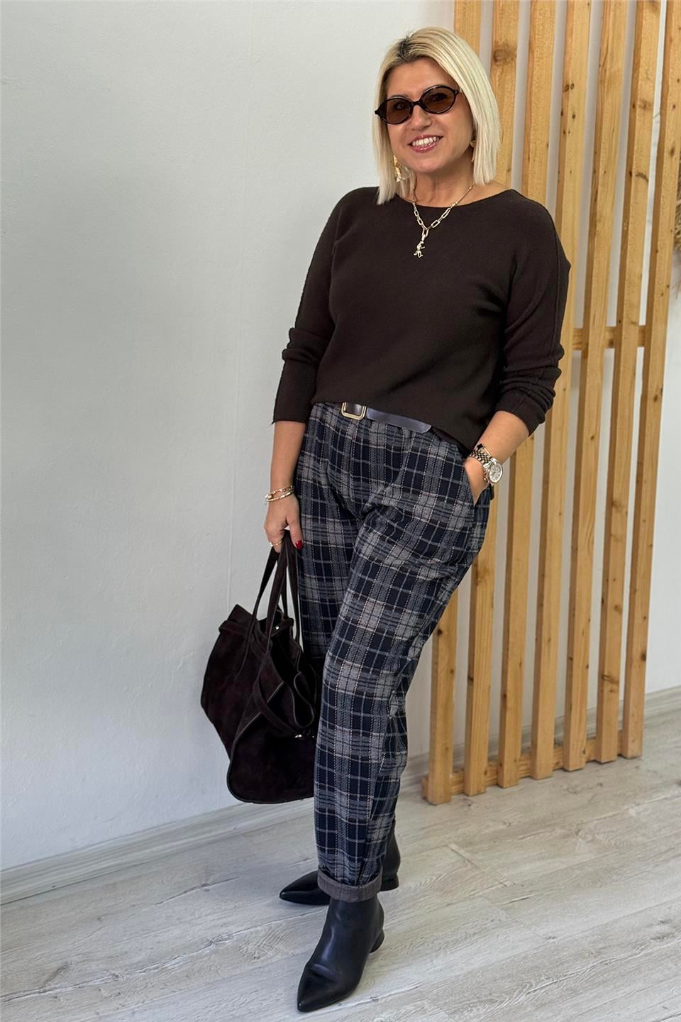Lacivert Beli Kemerli Havuç Model Ekose PantolonAPNT20250916-LACIVERT-STD