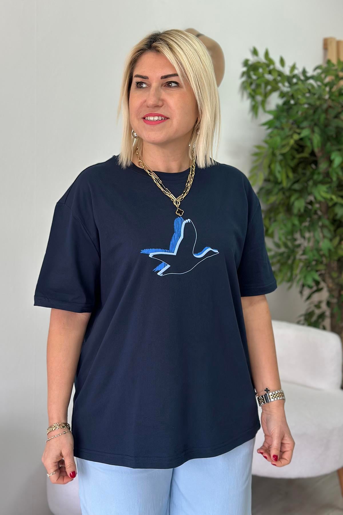 Lacivert Çift Renk Kuş Baskılı Cotton TShirtUTS25002061-LACIVERT-S