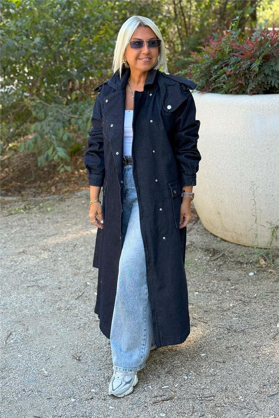 Lacivert Denim Çıtçıtlı Cepli Uzun TrençkotECKT2500130-LACIVERT-S