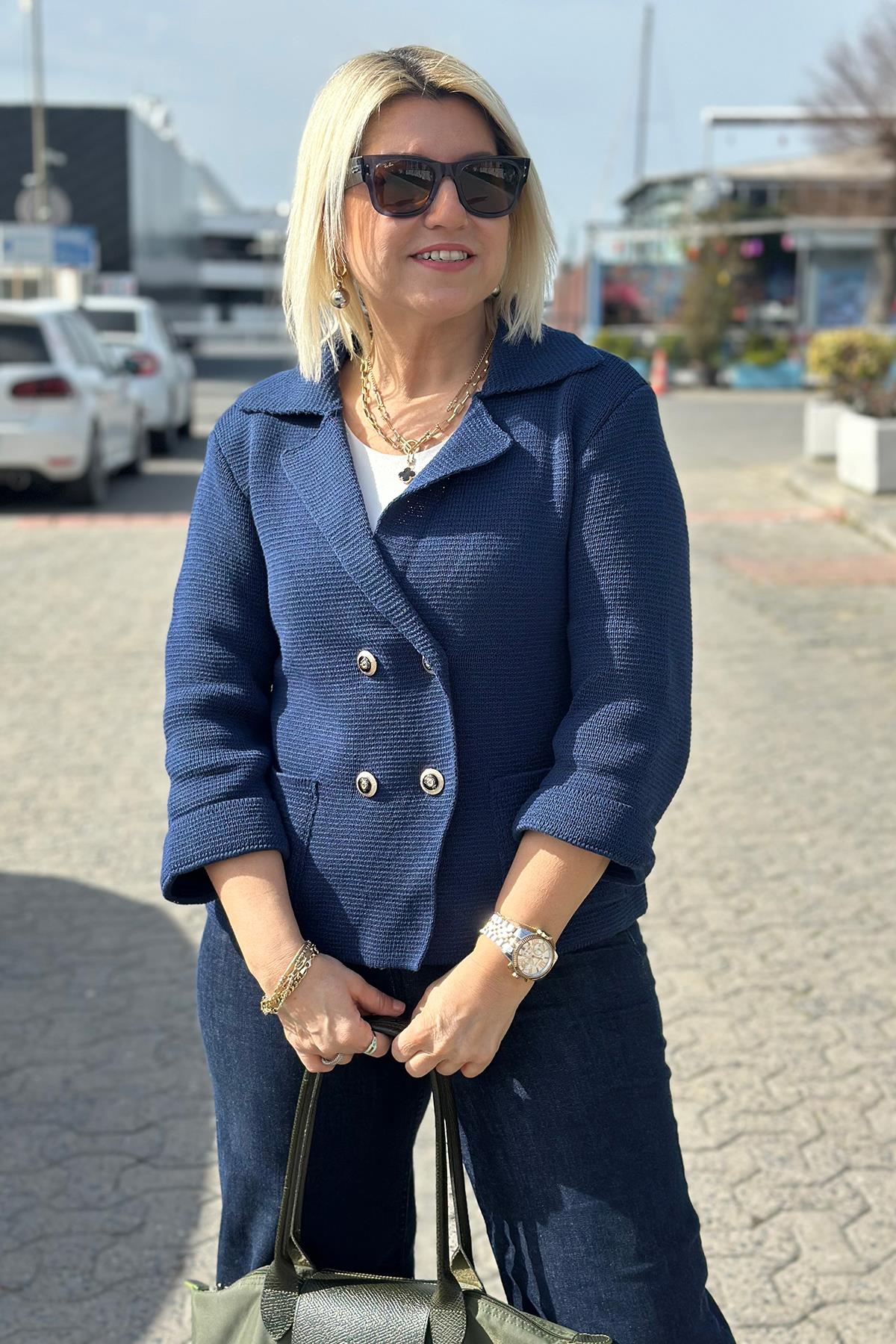 Lacivert Düğmeli Cep Detay Ceket HırkaUH24110930-LACIVERT-STD