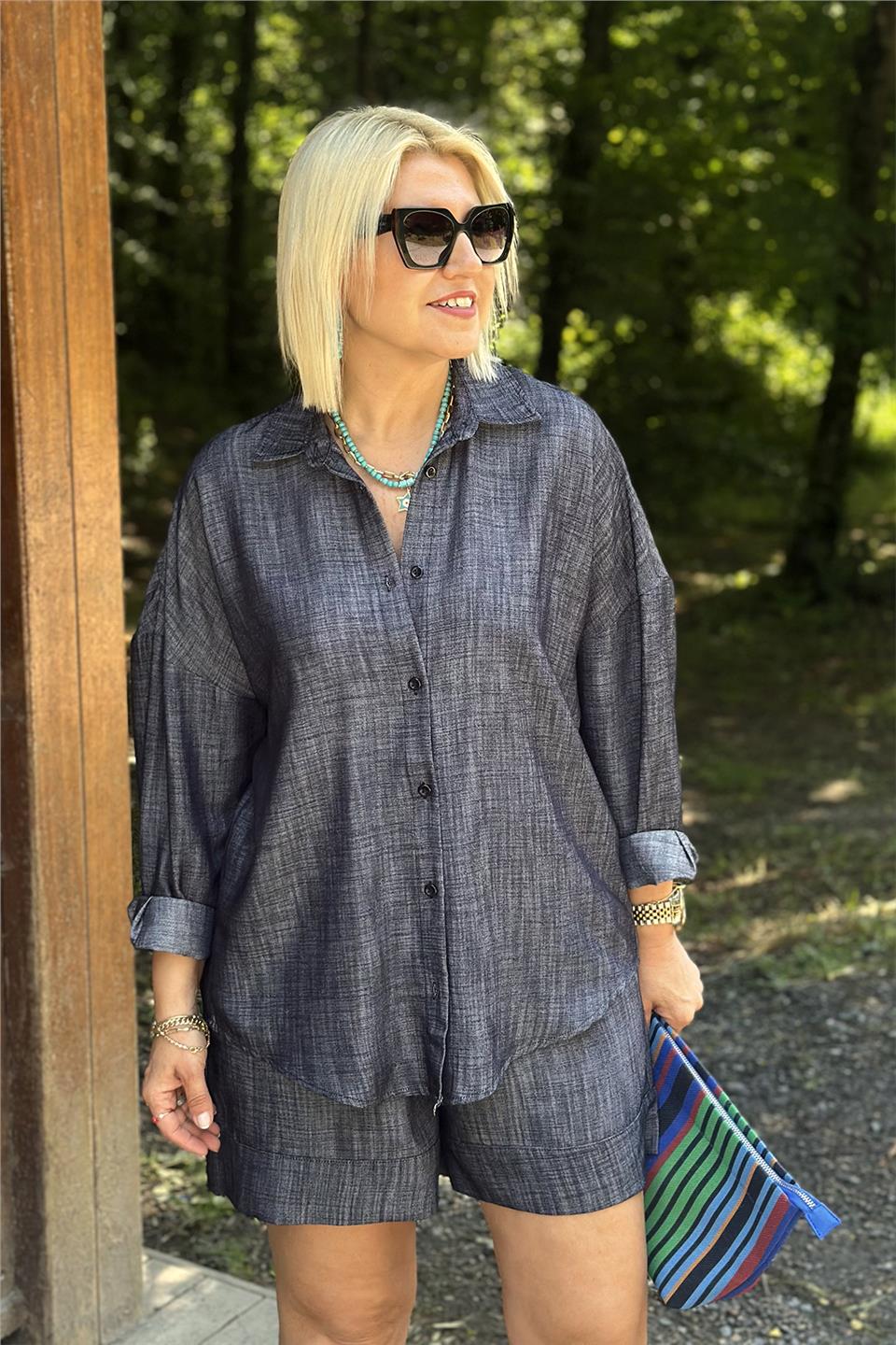 Lacivert Gömlek Şortlu Cotton TakımUTK2501160-LACIVERT-S