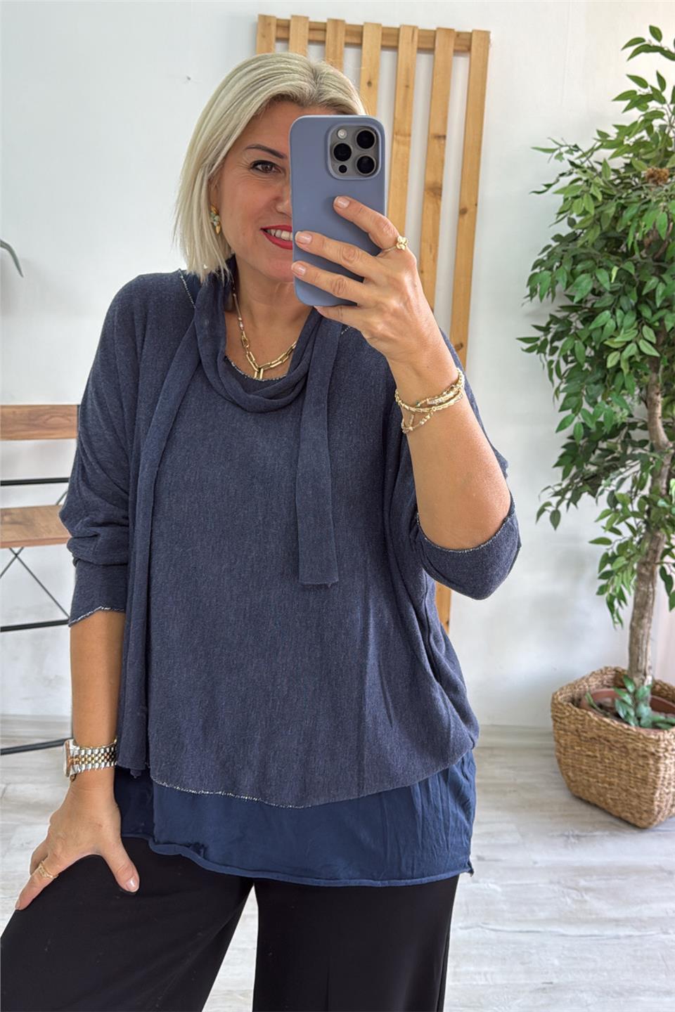 Lacivert İçi Tshirt Detay Fularlı Pamuk BluzUBL2412254-LACIVERT-STD