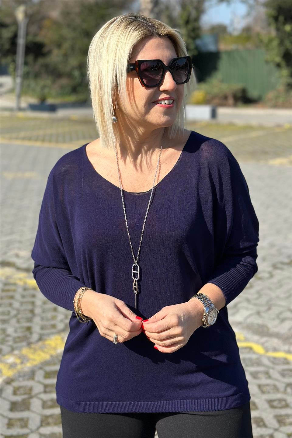 Lacivert Kayık Yaka Yarasa Kol İnce TrikoUT24110975-LACIVERT-STD