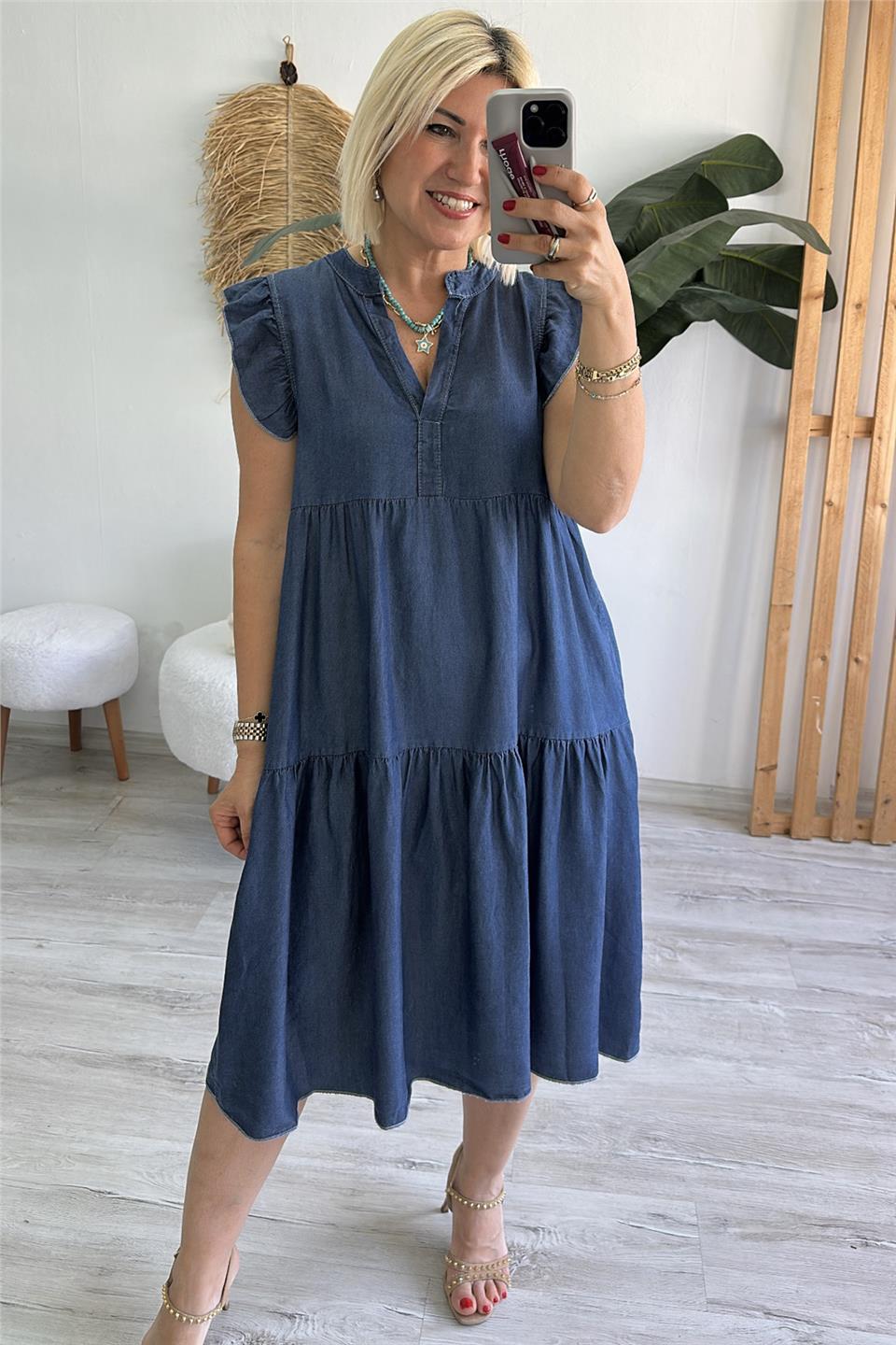 Lacivert Kolsuz Fırfırlı V Yaka Salaç İnce Denim ElbiseELB2401252-LACIVERT-STD