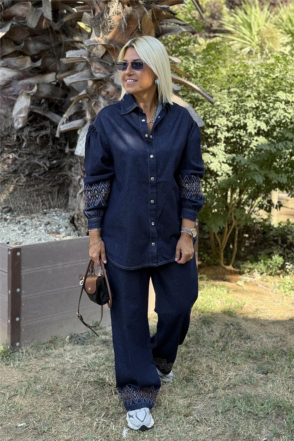 Lacivert Nakışlı Bol Paça Gömlekli Denim İkili TakımUTK2501170-LACIVERT-S