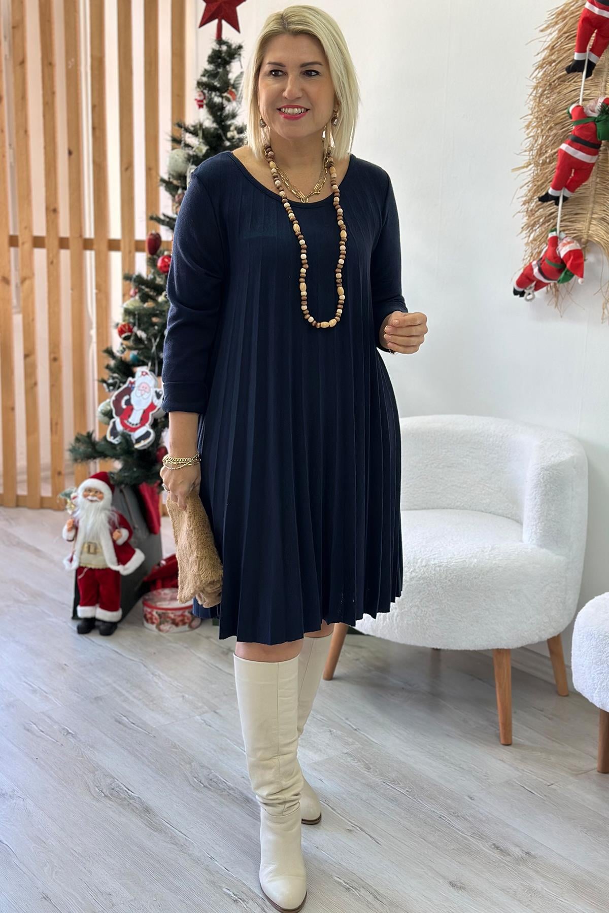 Lacivert Pileli Örme Triko Kolyeli ElbiseELB2401210-LACIVERT-STD