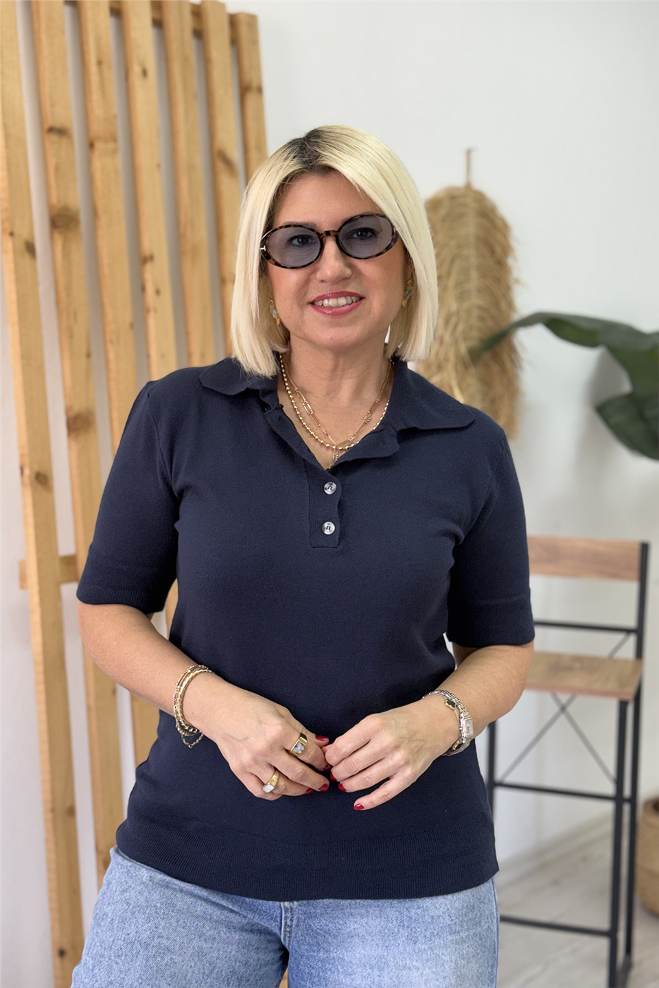 Lacivert Polo Yaka Düğmeli Kısa Kol Viscose Lycralı TrikoUT26001040-LACIVERT-STD