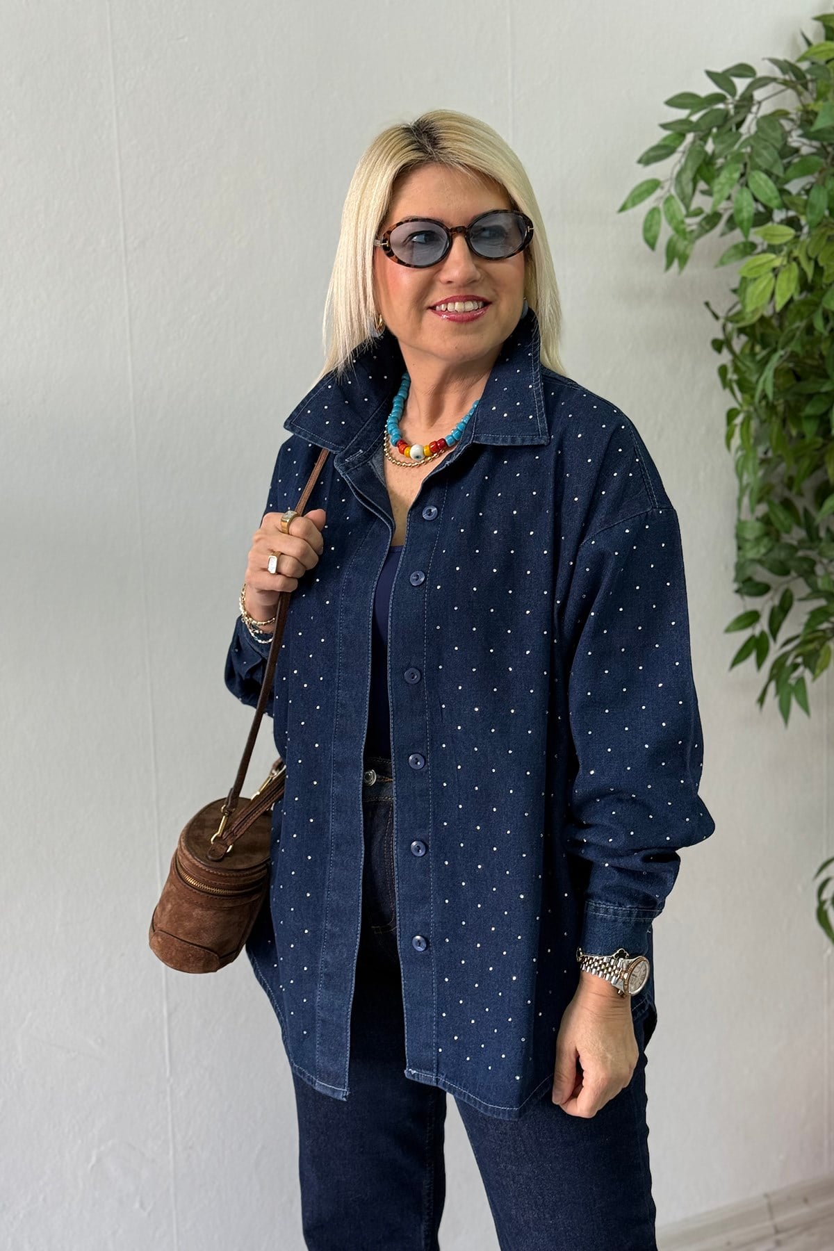 Lacivert Pul Baskılı İnce Denim Salaş GömlekGM20260031-LACIVERT-S