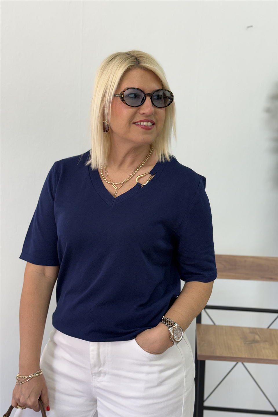 Lacivert V Yaka Aksesuarlı İnce TrikoUT26001055-LACIVERT-S